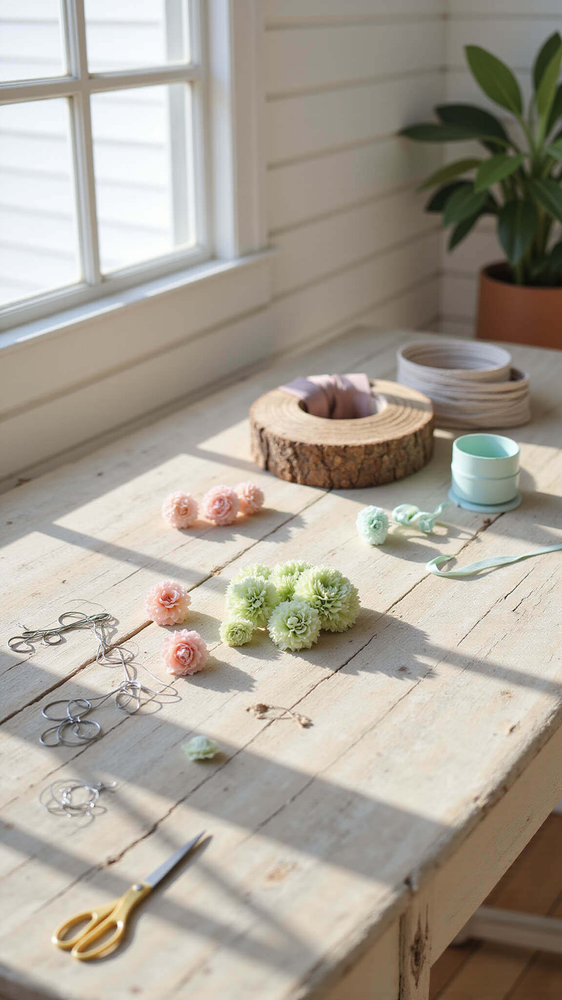 Overhead view of a sunlit craft room table with wreath-making supplies in soft pastel colors and natural textures.