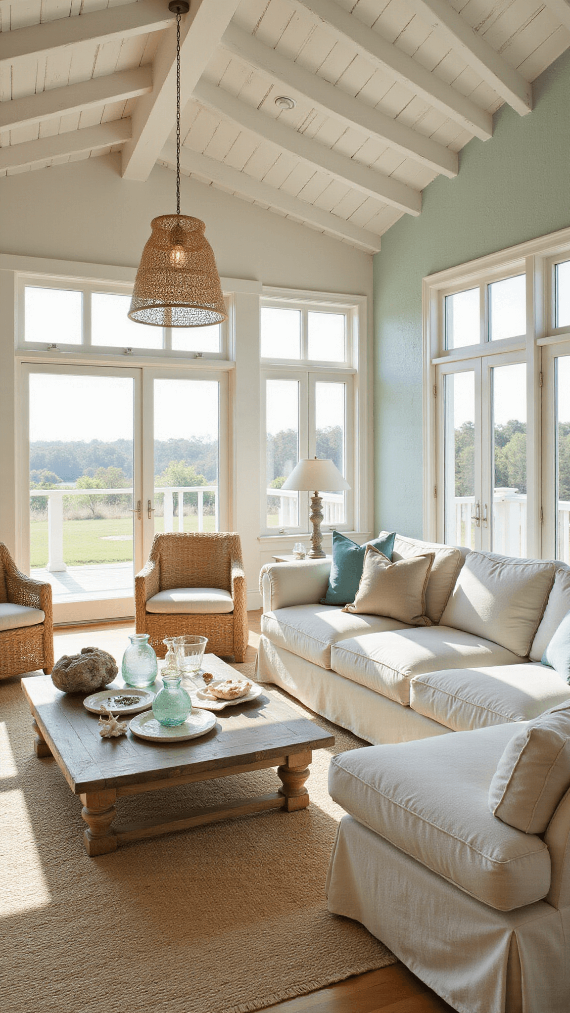 Coastal living room with vaulted ceiling, sunlit at golden hour, featuring cream linen sofa, rattan chairs, layered rugs, driftwood coffee table with sea glass vases, pale aqua grasscloth walls, and woven pendant lights casting shadows.