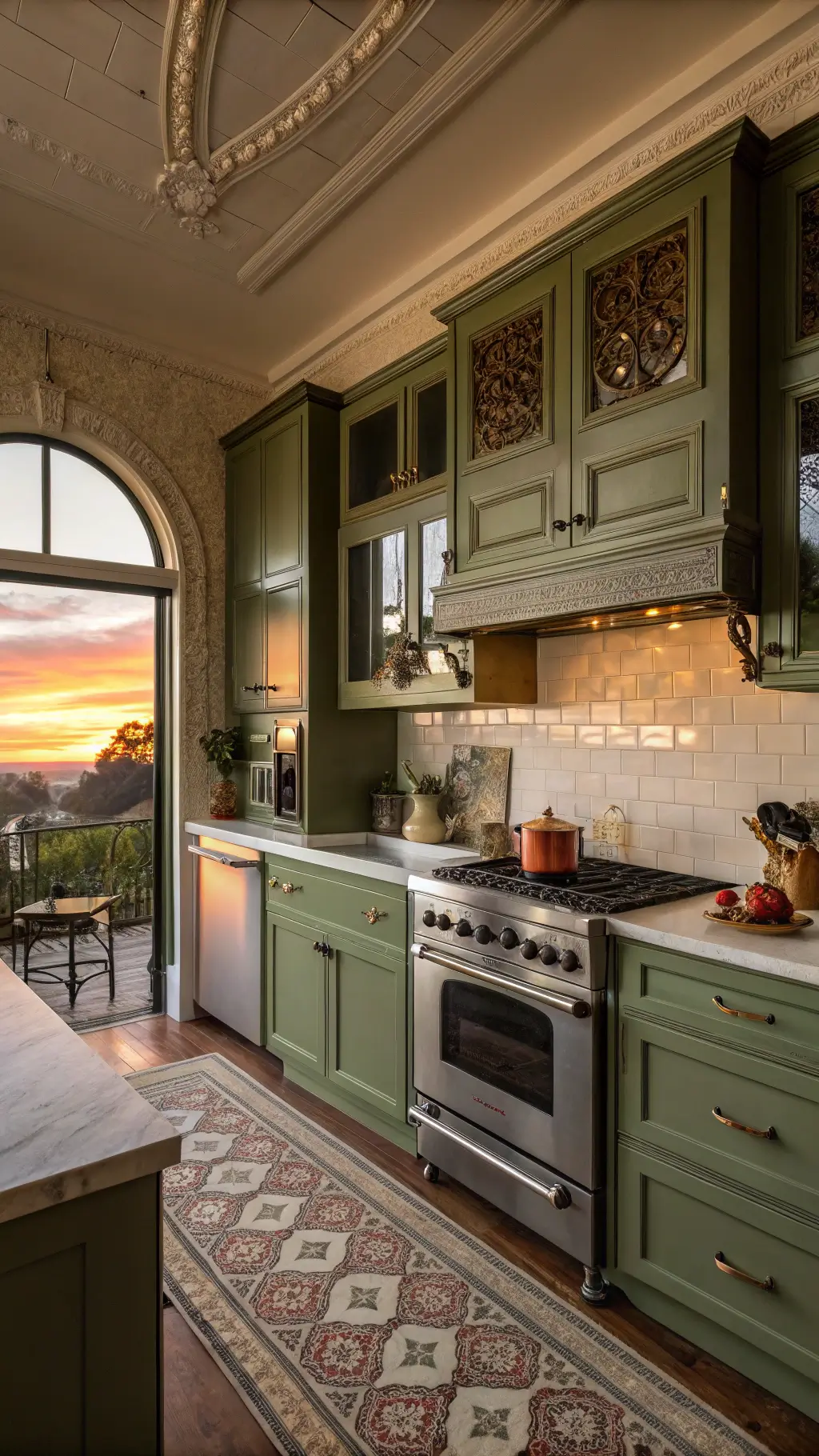Eclectic kitchen with olive green cabinets, Victorian details, Moroccan tiles, and brass accents, photographed at sunset with dramatic side lighting.