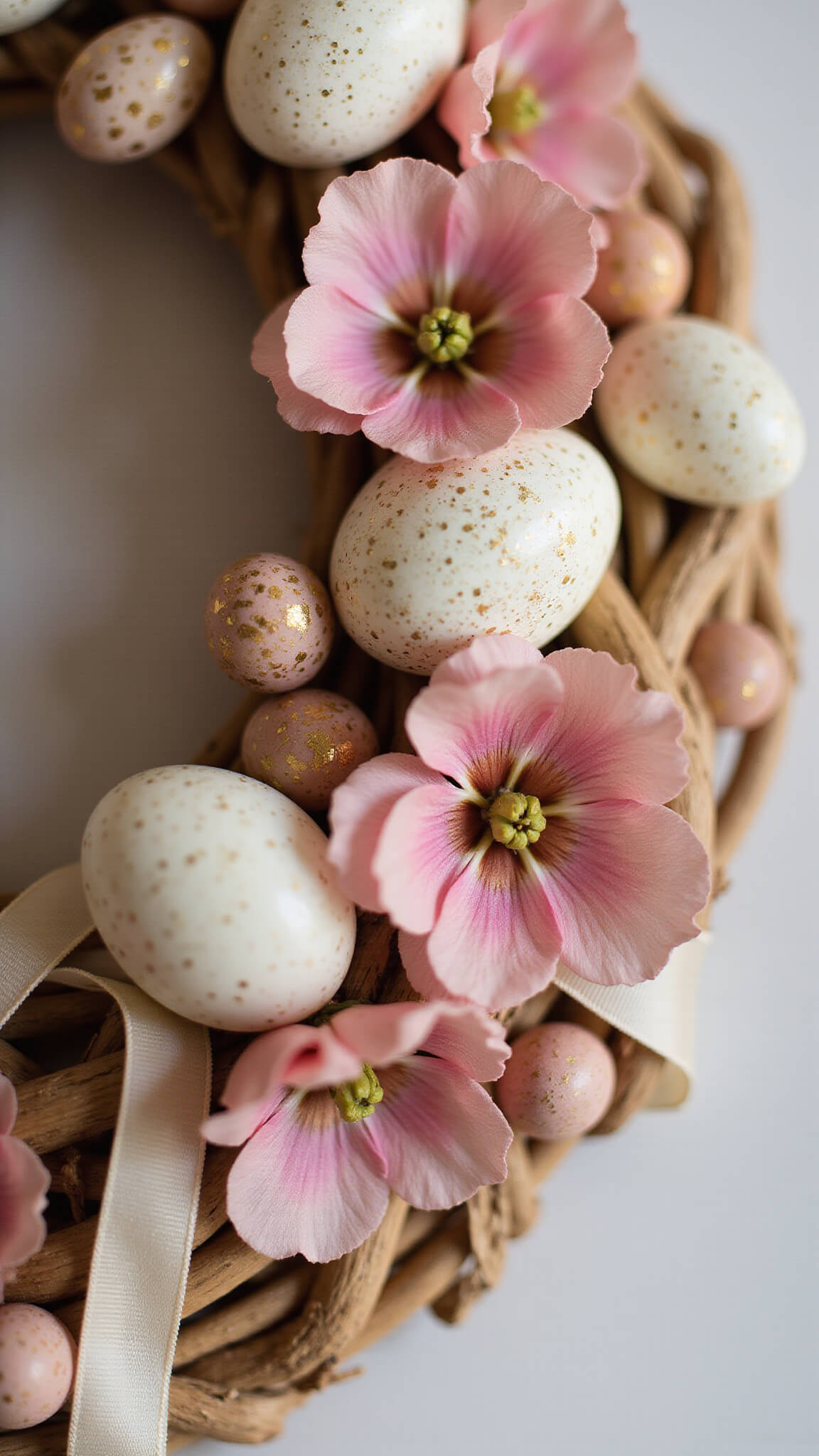 Extreme close-up of wreath with rattan base, pink apple blossoms, speckled eggs, and ivory ribbon, captured with shallow depth of field and soft afternoon light.