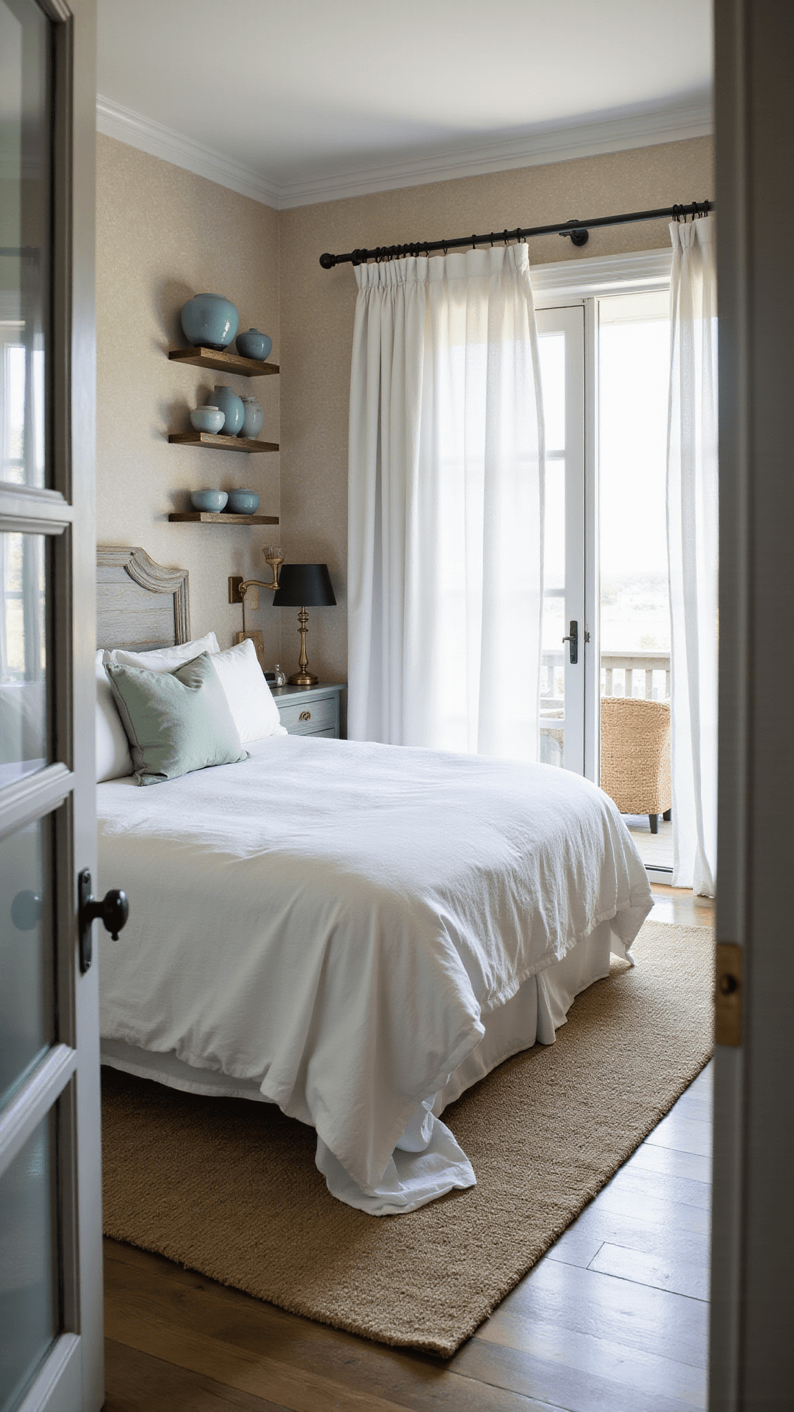 Coastal bedroom at dawn with king bed in white and sea glass green linens, weathered gray headboard, billowing sheer curtains, and morning light streaming through French doors to a Juliet balcony.