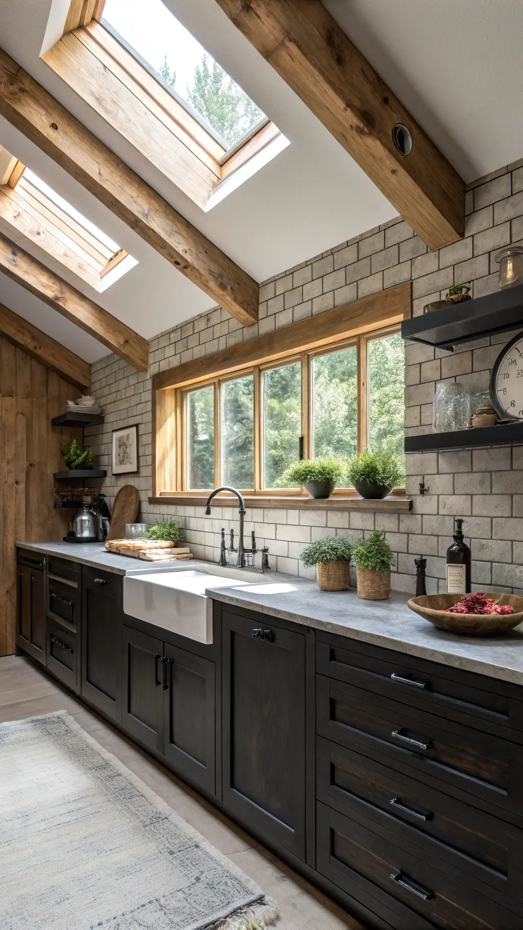 Transitional kitchen with black shaker cabinets, concrete countertops, wooden beams, and warm gray subway tile backsplash illuminated by morning light through skylights.