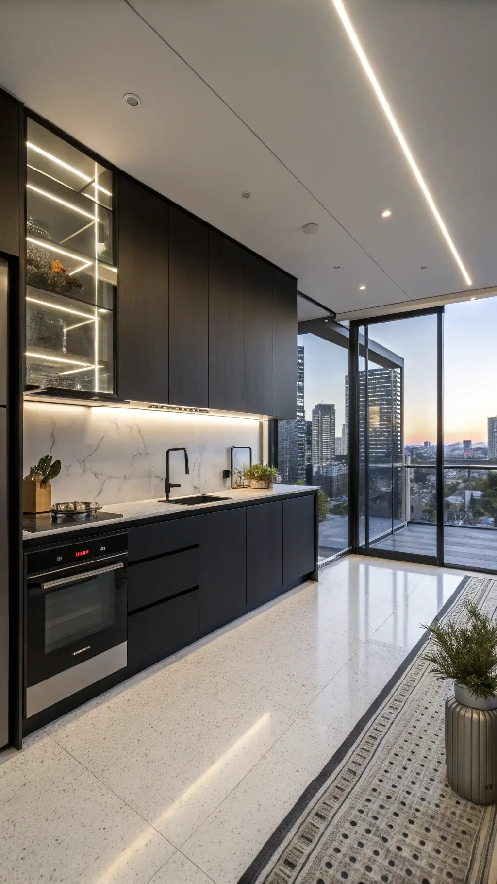 Minimalist black kitchen with handleless cabinets, terrazzo floor, stainless steel appliances, and city views through tall windows at twilight.
