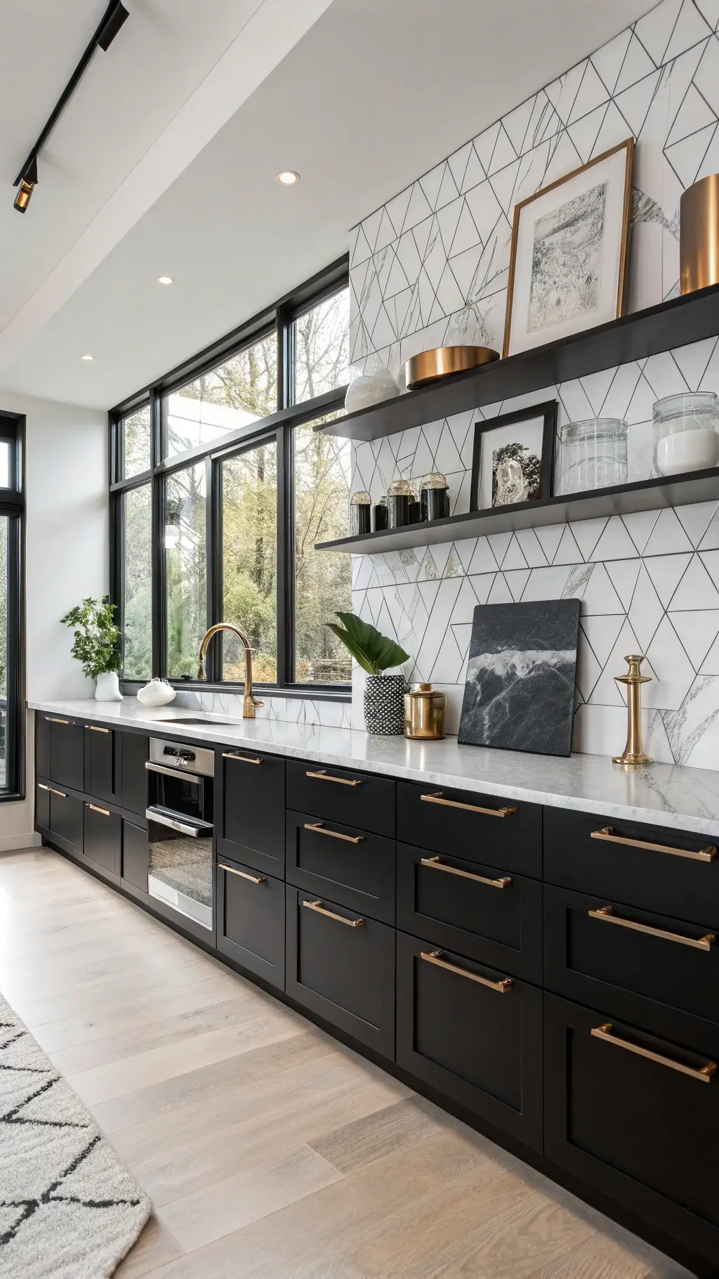 Modern 13'x15' kitchen with glossy black cabinets, marble backsplash, rose gold hardware, and minimalist decor, viewed from low angle.