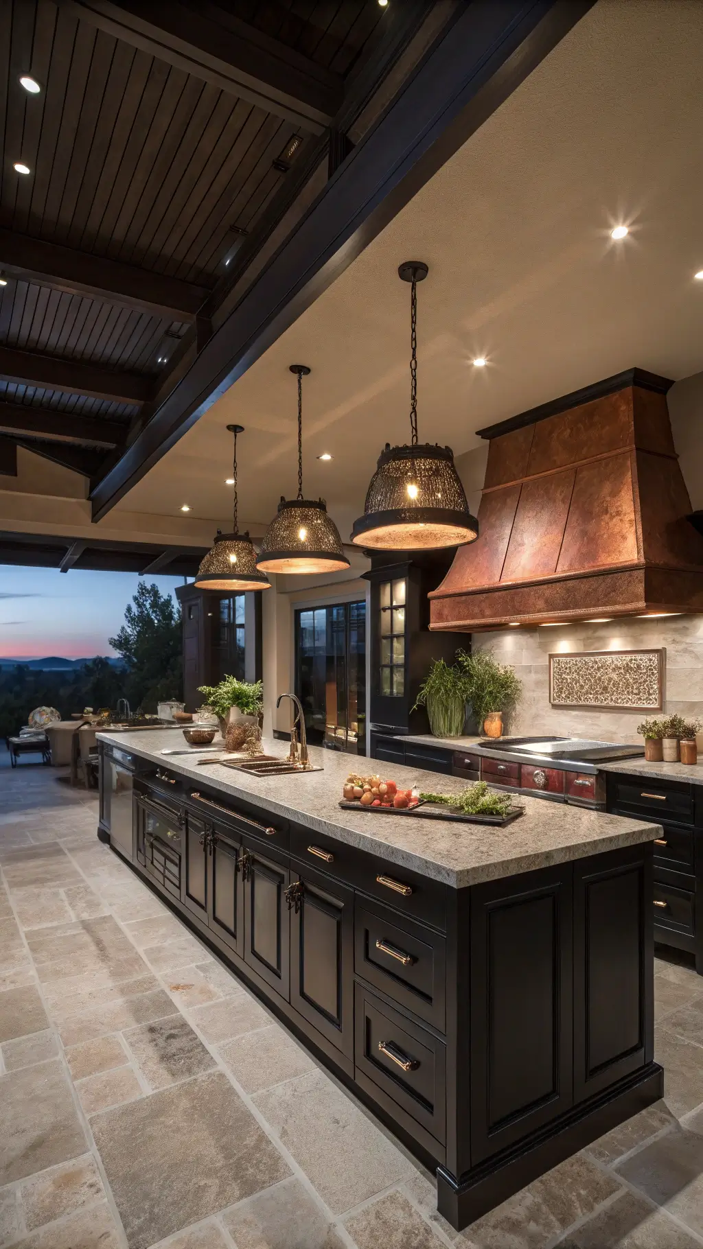 Luxurious 16'x20' chef's kitchen at dusk with black cabinets, walnut pulls, double leathered granite islands, copper range hood, and moody textured glass pendant lighting.
