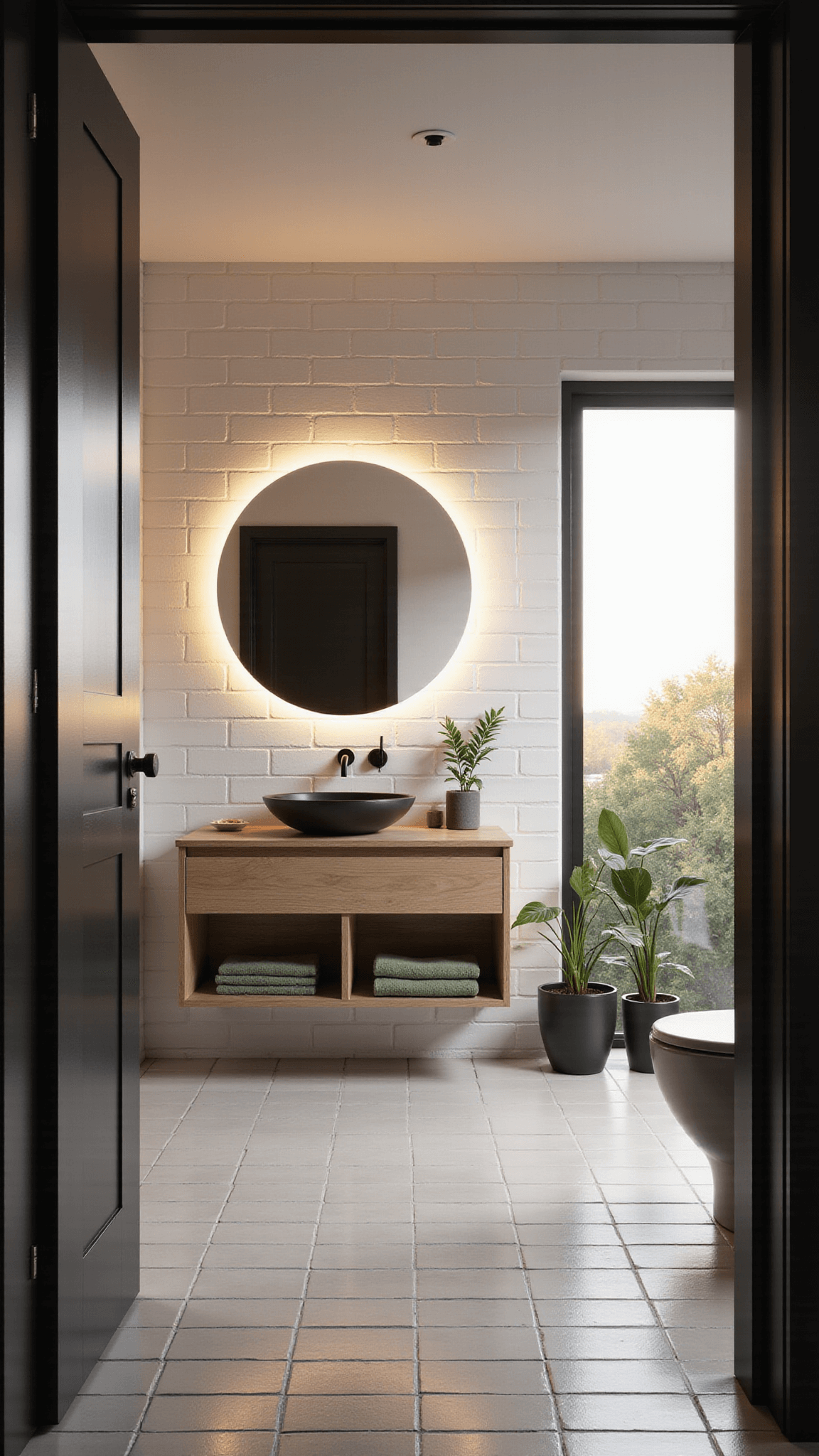 Minimalist 5x7ft bathroom with white subway tiles, black fixtures, floating bleached oak vanity, backlit circular mirror, and soft golden hour lighting.