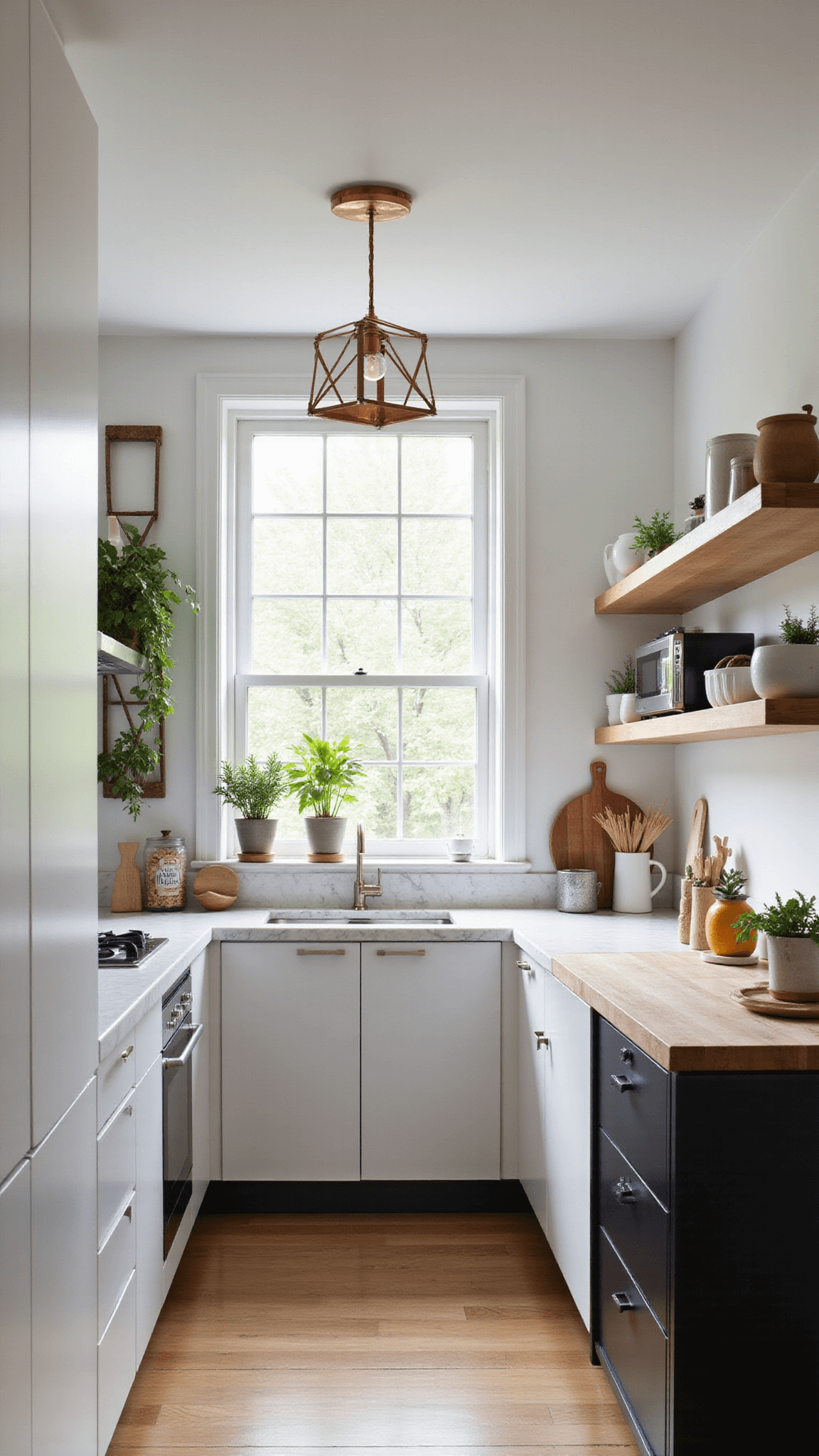 Minimalist 8'x10' kitchen with white IKEA cabinets, butcher block island, east-facing window with sunlight, copper pendant light, floating shelves, vertical herb garden, and stainless steel appliances.