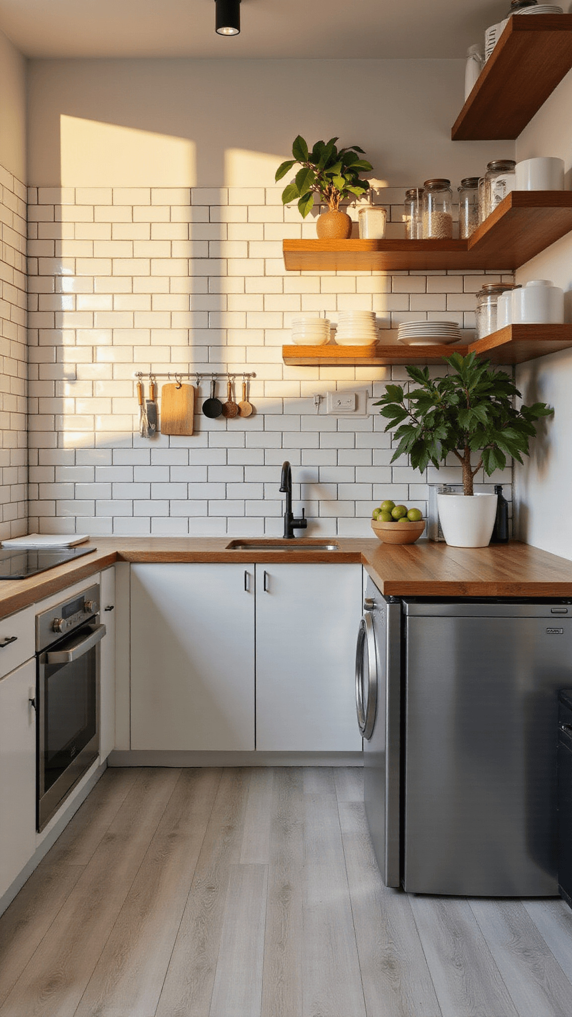 Cozy L-shaped kitchen with white subway tiles, gray appliances, wood shelves, and warm sunlight.