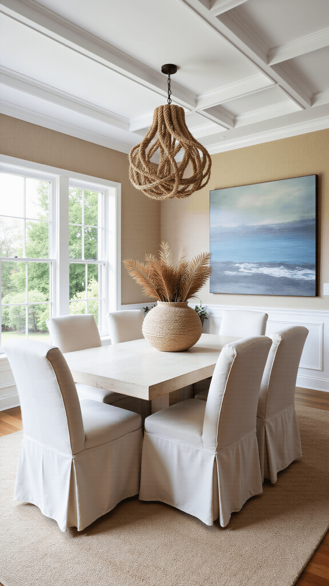 Coastal dining room with white coffered ceiling, large window, oak table, linen chairs, rope chandelier, beach artwork, and sand-toned grasscloth walls.