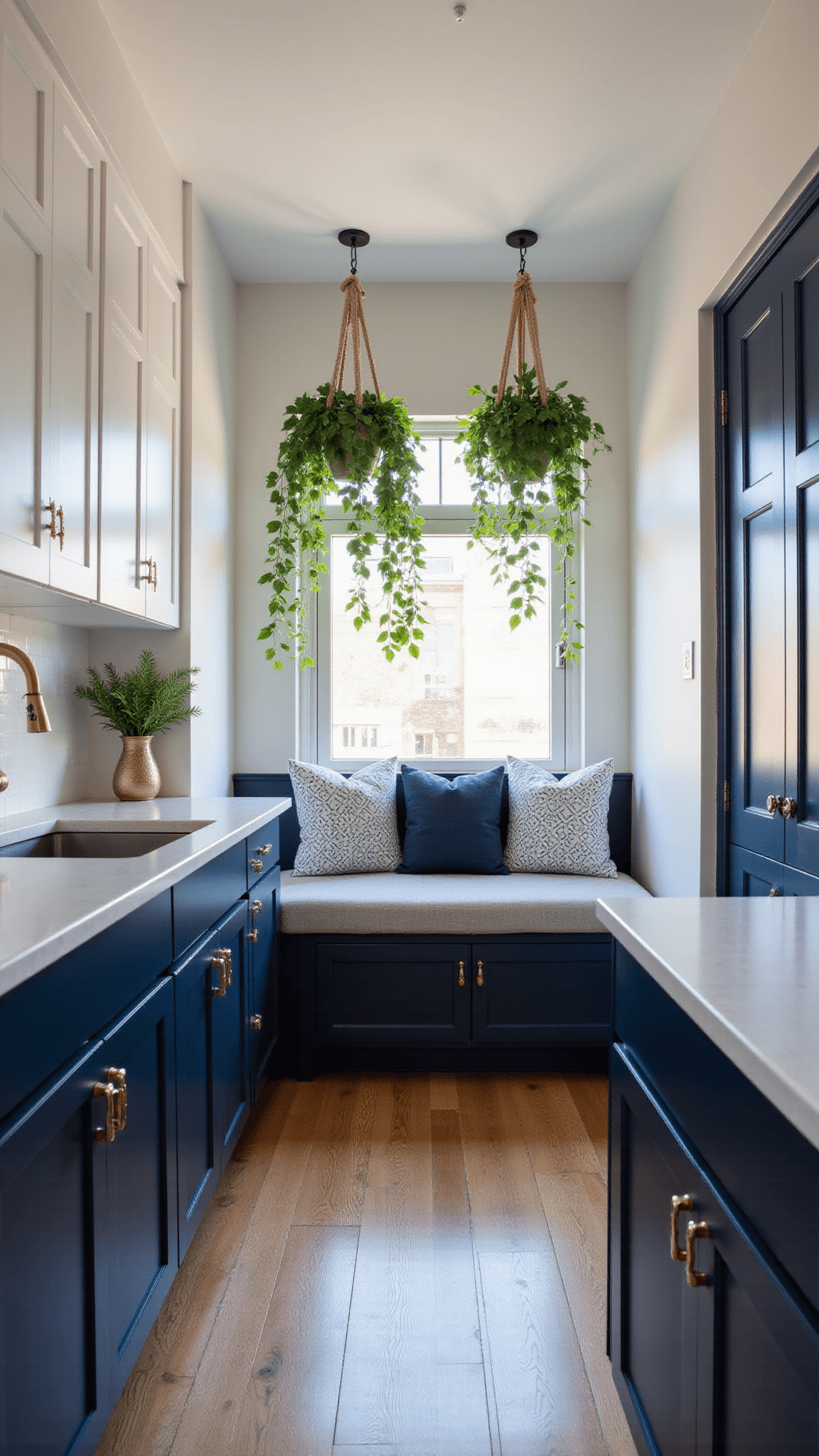 Modern galley kitchen with navy lower cabinets, white uppers, rose gold hardware, and ambient blue hour lighting; features a banquette breakfast nook with geometric cushions and hanging pothos plants.