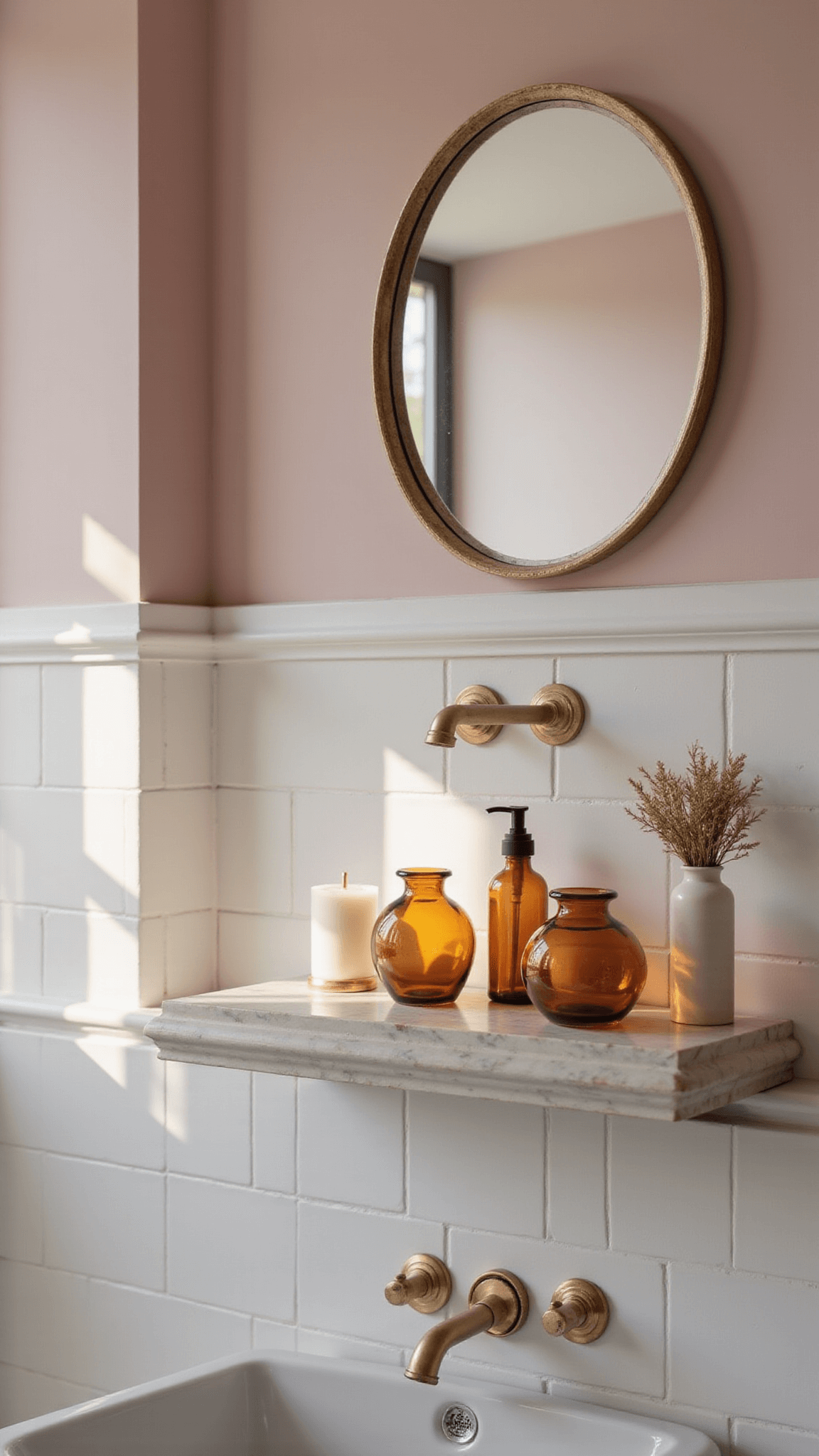Luxe Art Deco-inspired vanity with oval mirror, marble shelf, amber glass and brass accents, blush pink wall, and white paneling in small elegant bathroom.