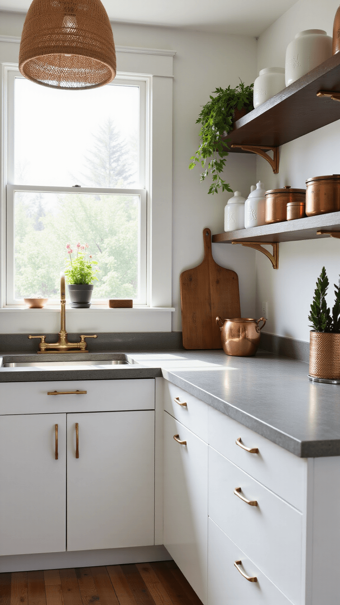 Compact sunlit micro kitchen with white cabinets, brass accents, vintage copper cookware, and herb garden by window.