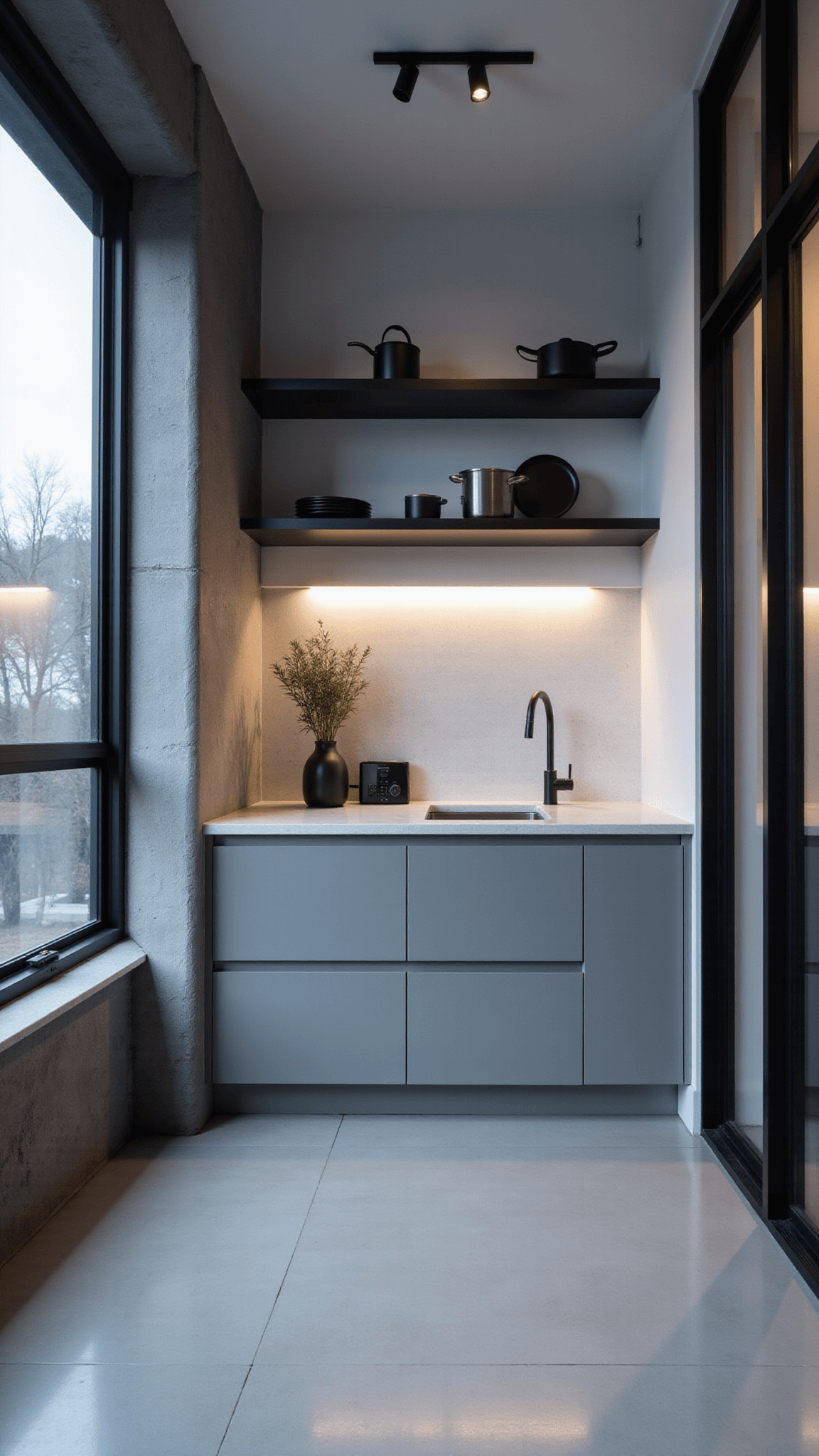 Contemporary studio kitchen nook with sleek gray cabinets, black-framed windows, quartz countertops, and matte black cookware displayed on an overhead rack, lit by dusk lighting.