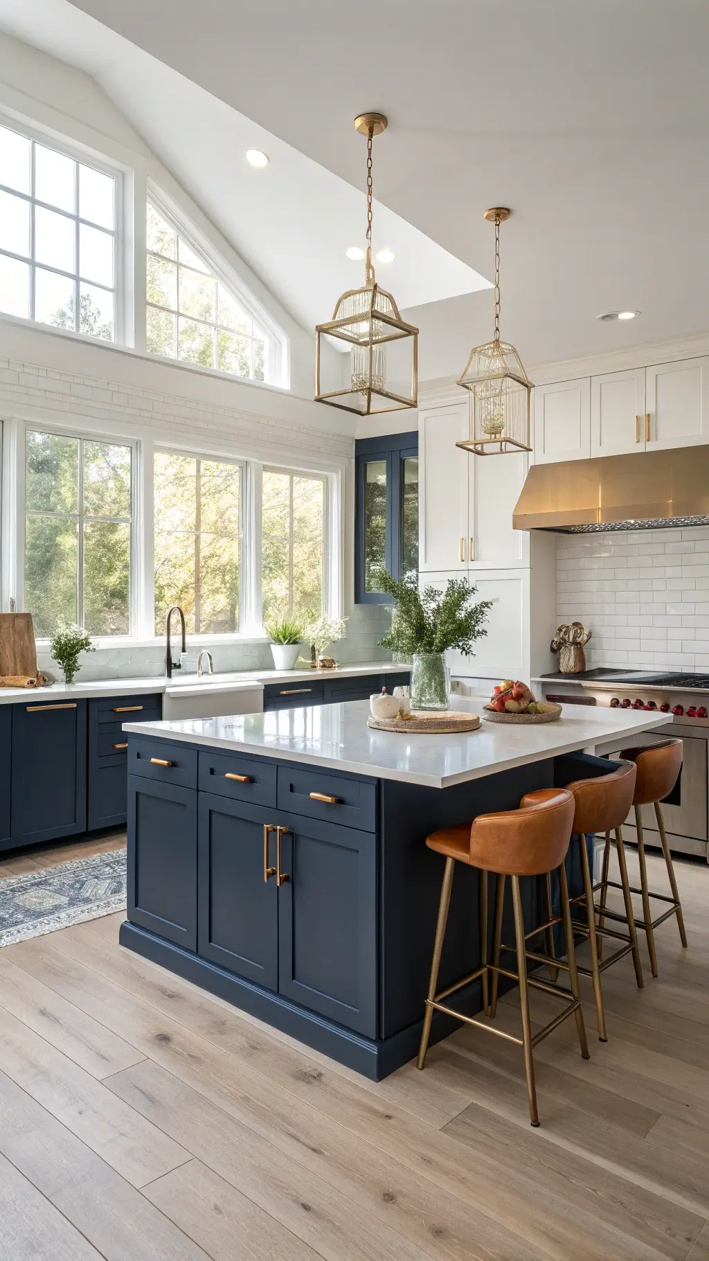 Navy blue shaker kitchen with brass hardware, white quartz countertops, and waterfall island lit by golden hour sunlight through floor-to-ceiling windows.