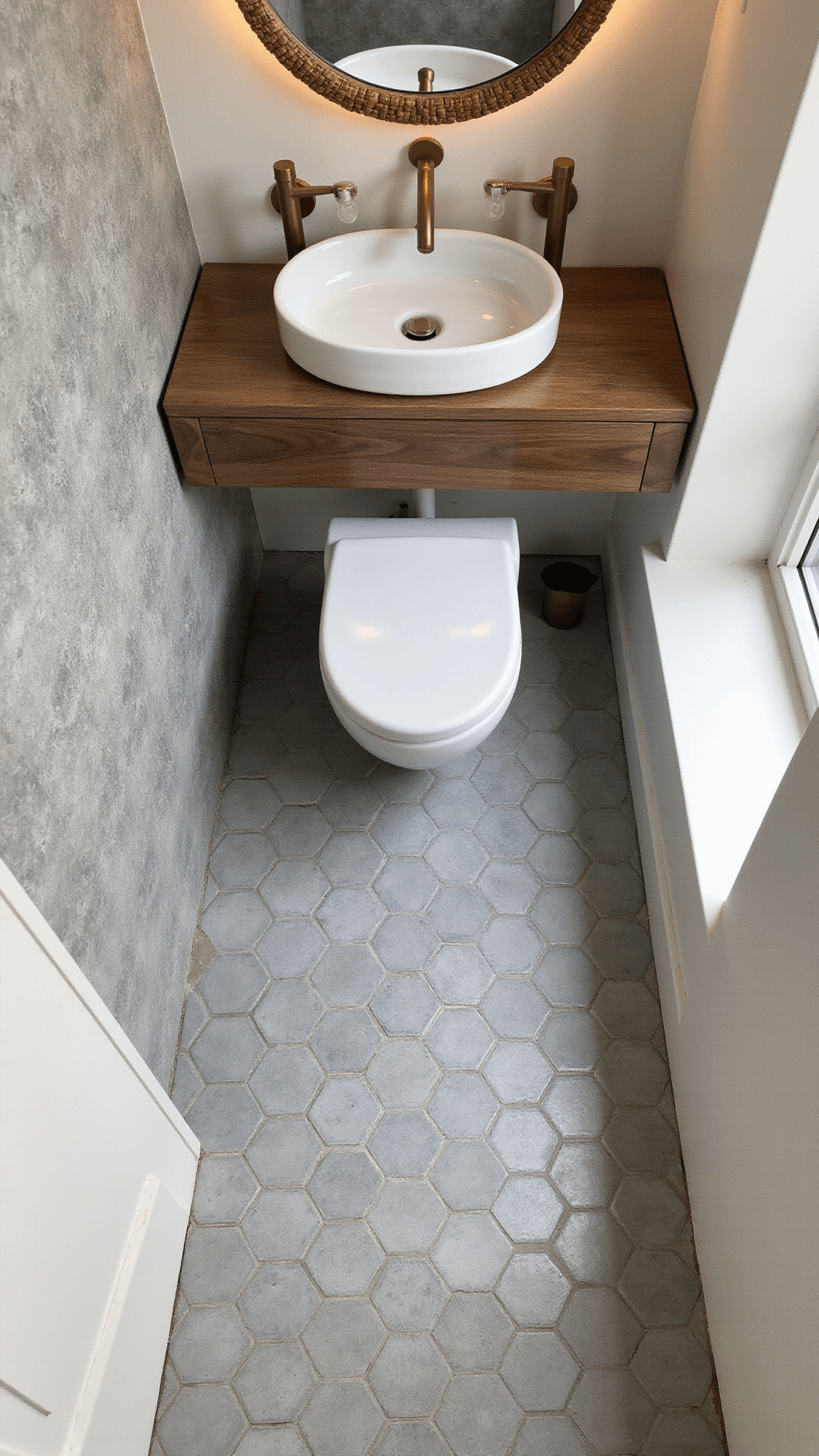 Overhead view of compact 5x5ft powder room with gray hexagonal tile design, floating toilet, walnut shelf, brass sconces, and round rattan mirror.