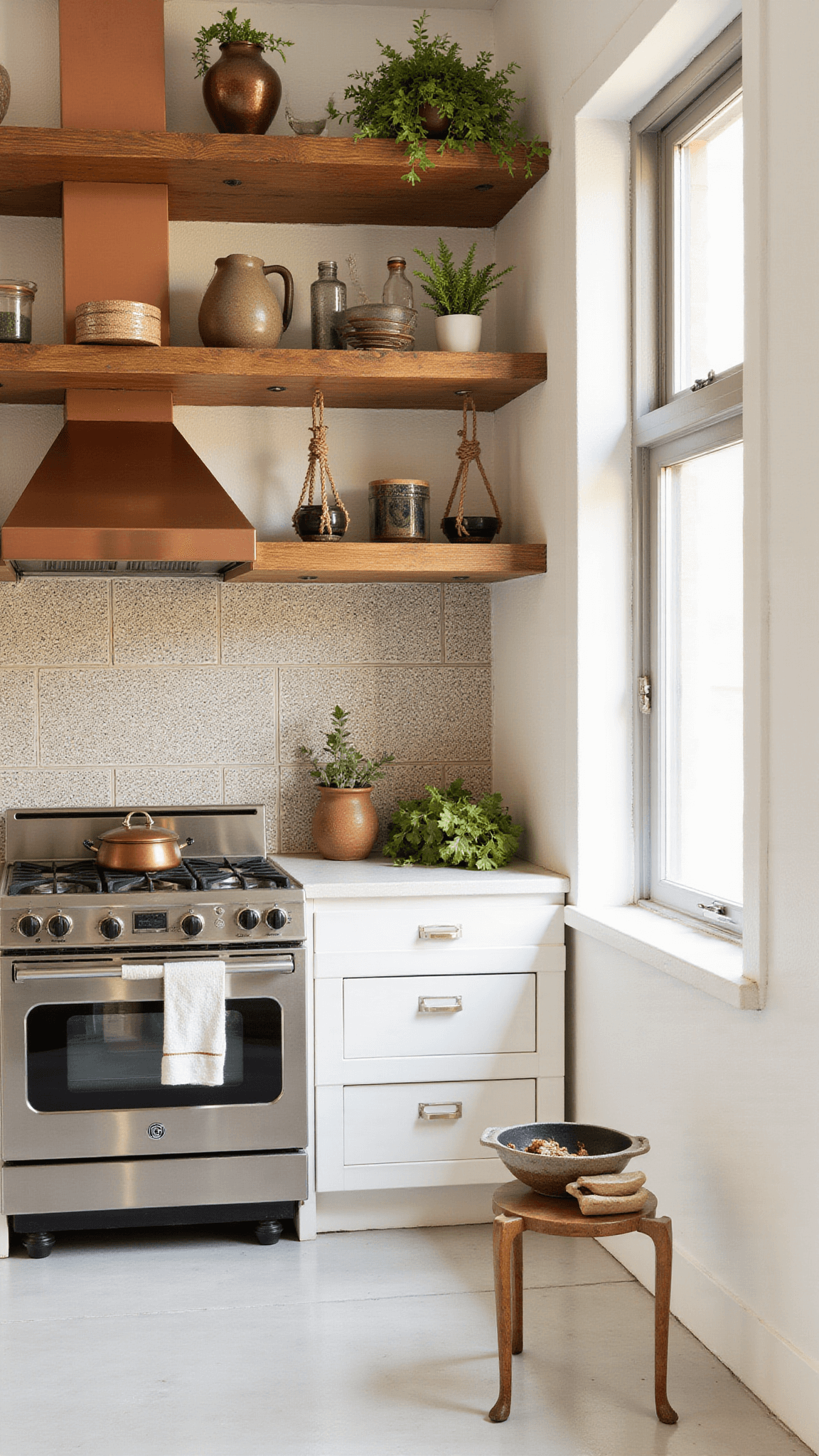Bohemian-minimal kitchen corner with open reclaimed wood shelves, handmade pottery, Moroccan tile backsplash, copper hood over compact gas range, hanging plants, and warm lighting.