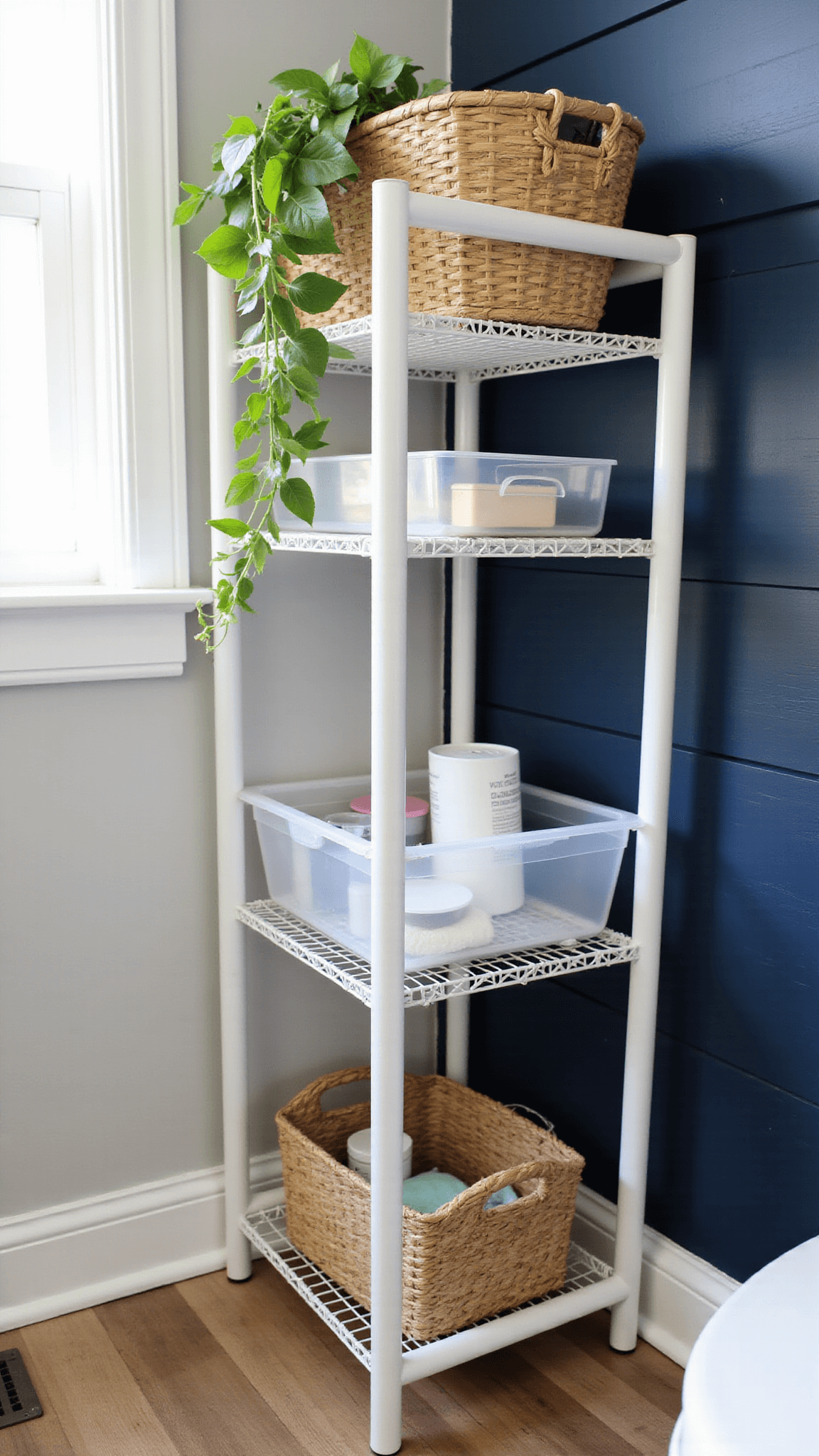 Eye-level detail of a floor-to-ceiling white metal tension pole storage system in a small navy shiplap bathroom corner, featuring adjustable shelves with woven baskets, clear containers, and a trailing pothos, softly lit by afternoon light through a sheer curtain.