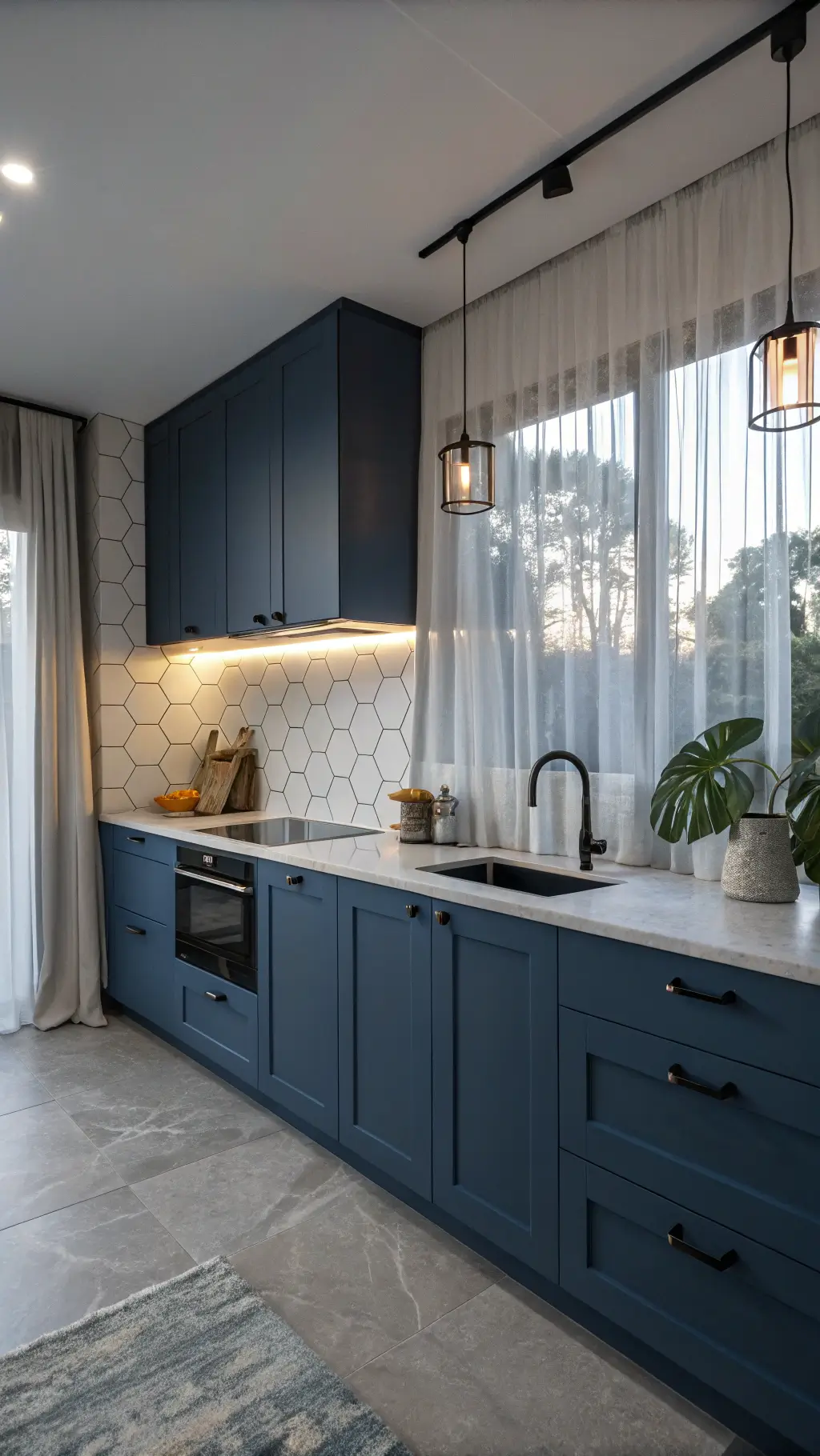 Moody early morning kitchen with midnight blue cabinets, concrete countertops, marble hexagon backsplash, and Nordic accents in soft natural light.