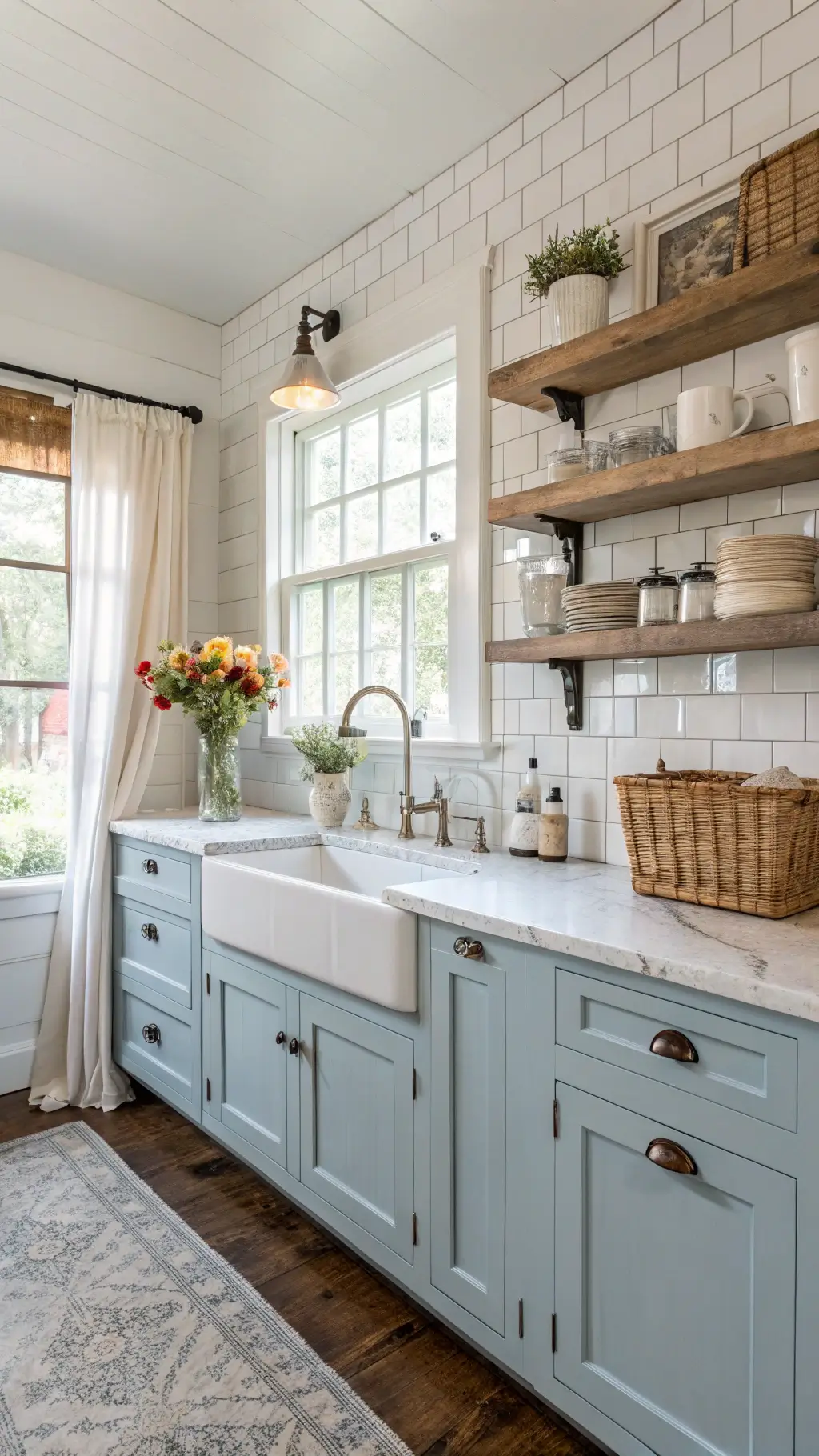 Bright farmhouse kitchen with light blue beadboard cabinets, white marble countertops, barn wood shelves, and a farmhouse sink under a window with cafe curtains.