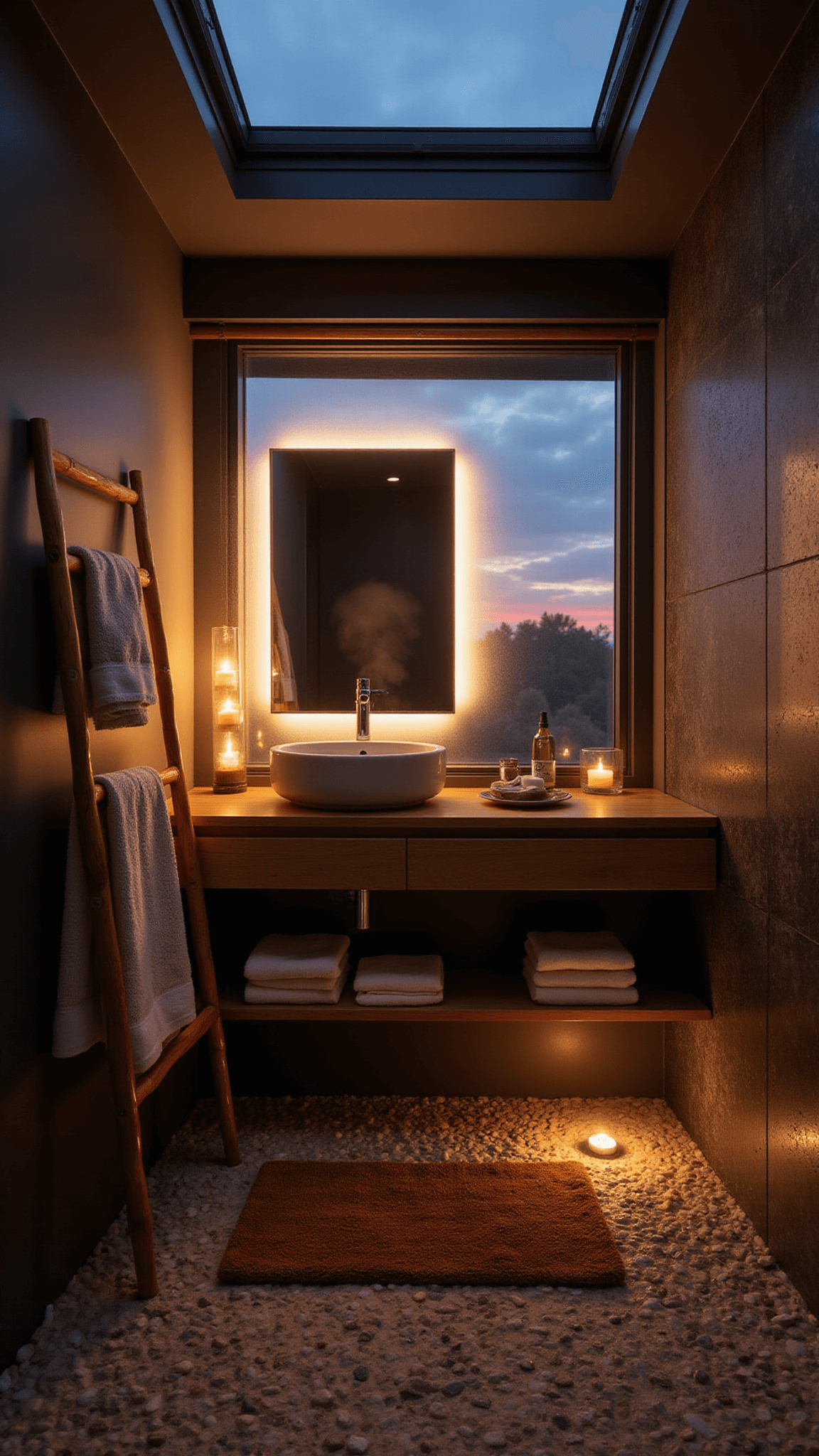 Moody dusk bathroom with teak mat, pebble-tile shower, bamboo towel ladder, LED mirror, candles, and steam from diffuser under sunset-lit skylight.
