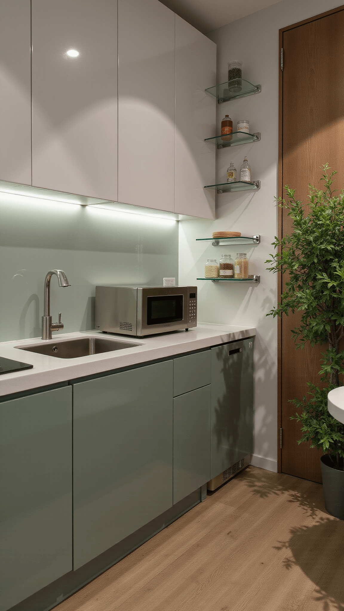 Compact 55 sq ft urban kitchen with white upper cabinets, sage green lowers, stainless appliances, vertical herb garden, and moody LED lighting at twilight.
