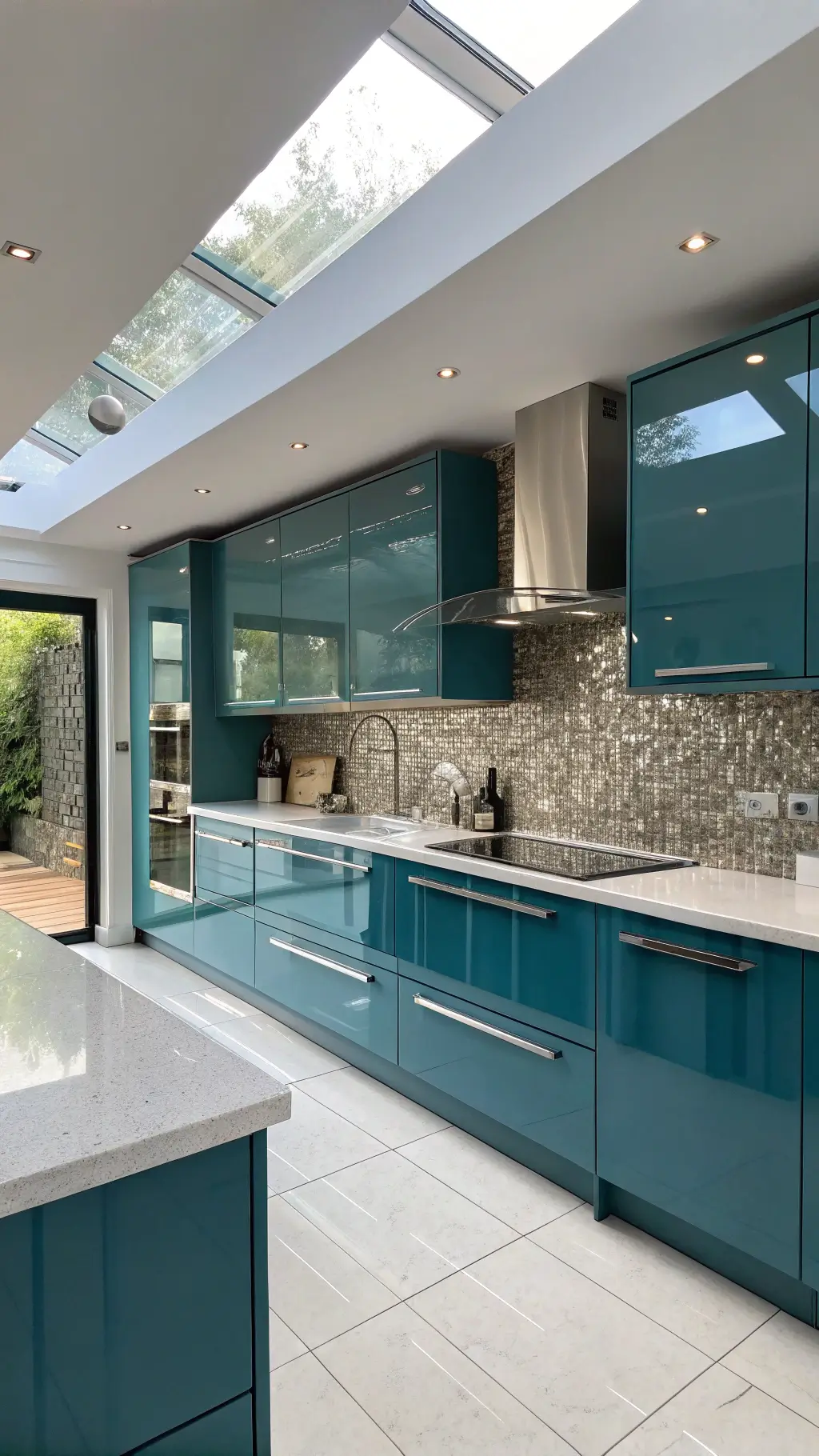 Modern open-concept kitchen with teal high-gloss cabinets, white Corian countertops, metallic backsplash, and chrome fixtures in afternoon natural light.