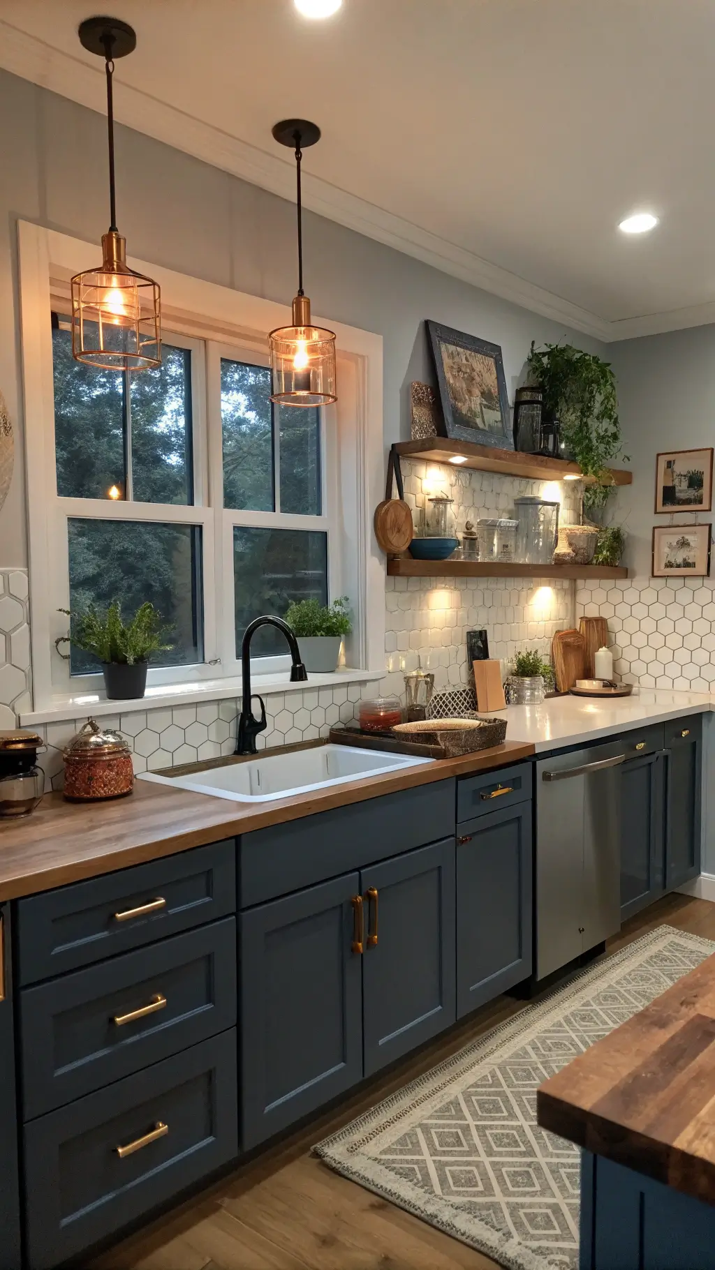 Cozy 11x13ft kitchen at dusk with navy lower cabinets, light gray uppers, butcher block countertops, gray penny tile backsplash, pendant lights, copper cookware, potted herbs, and vintage art prints.