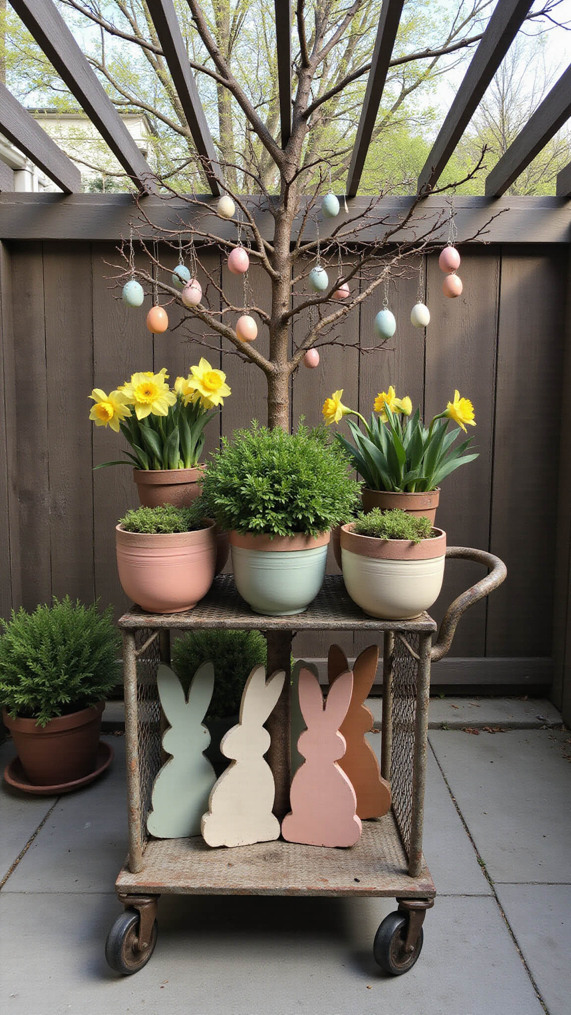 Intimate courtyard with Easter tree decorated in coral to cream eggs, pastel bunny stakes, and vintage cart of tulips and daffodils under dappled pergola sunlight.