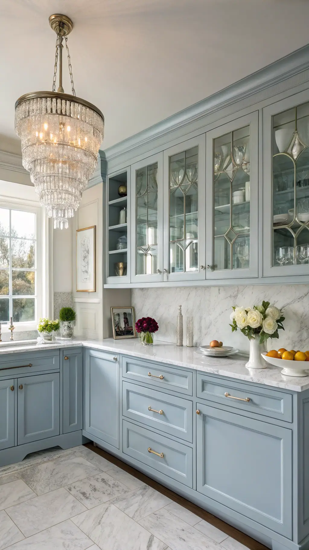 Elegant sunlit kitchen corner with powder blue cabinets, Calacatta marble surfaces, crystal chandelier, and refined decor during magic hour.