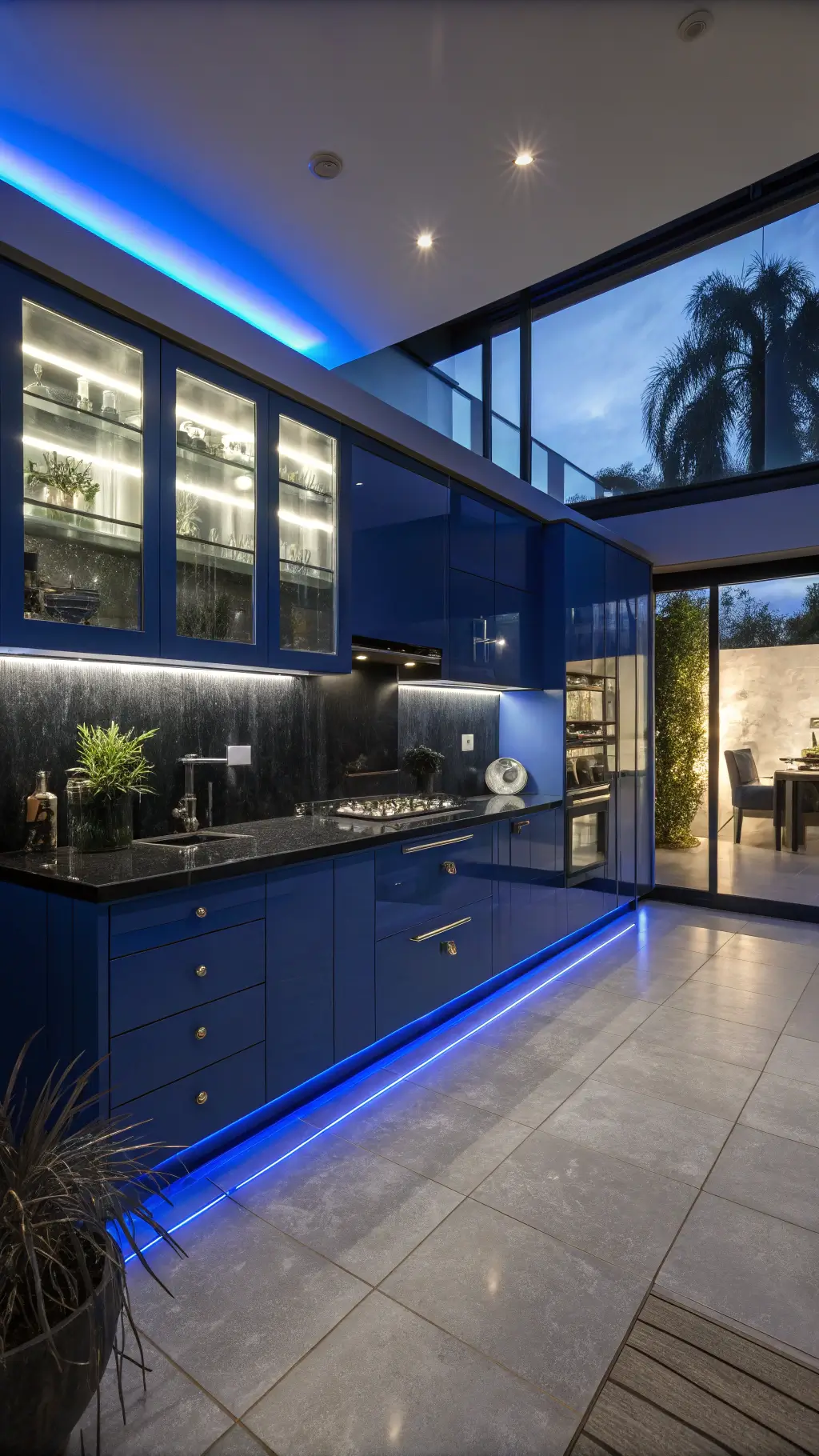 Contemporary 16x20ft twilight kitchen with deep blue lacquered cabinets, black granite surfaces, LED lighting, and modern decor elements.