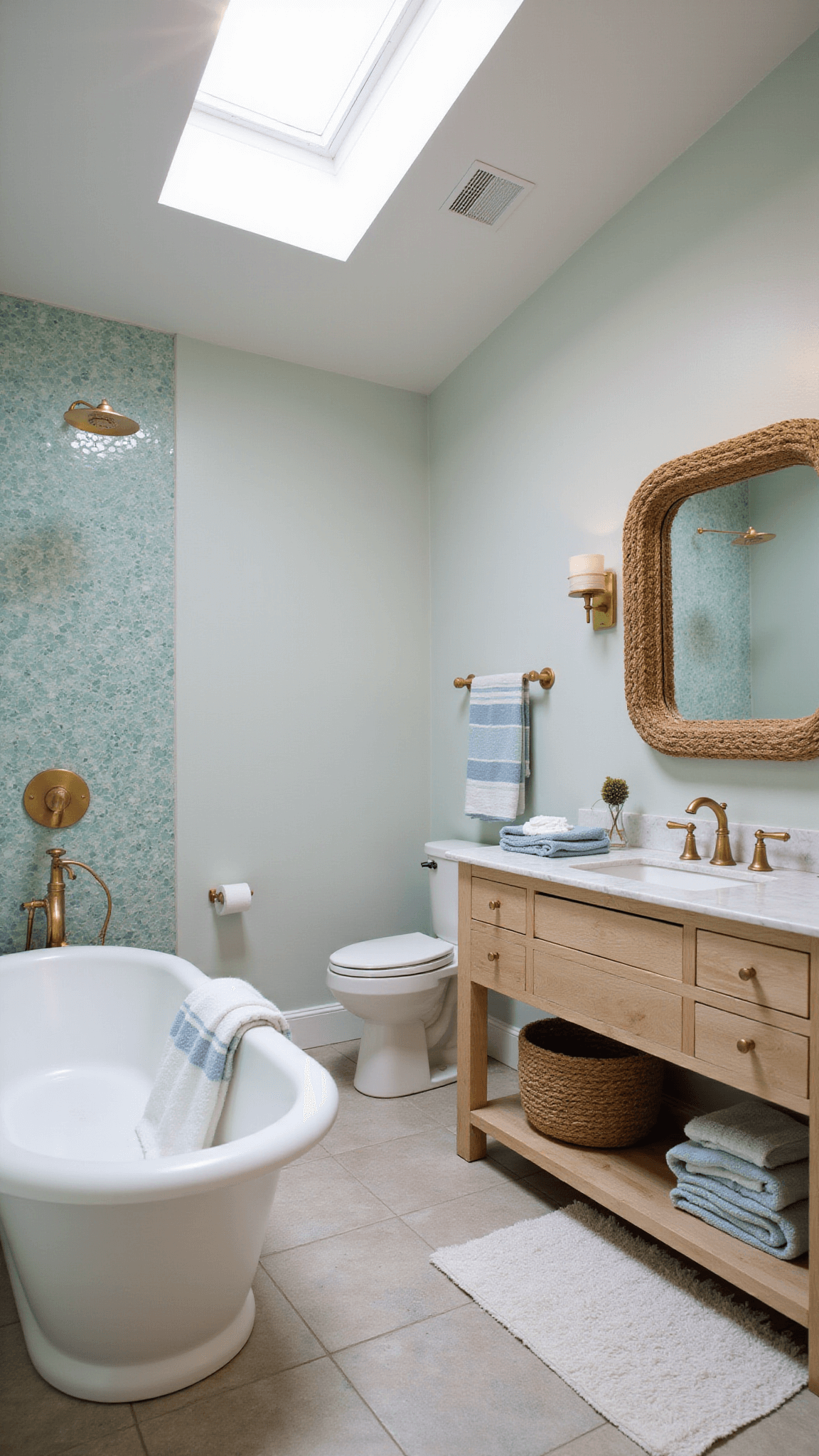 Coastal bathroom at sunset with skylight, white soaking tub, sea glass mosaic wall, brass fixtures, oak vanity, and striped Turkish towels.