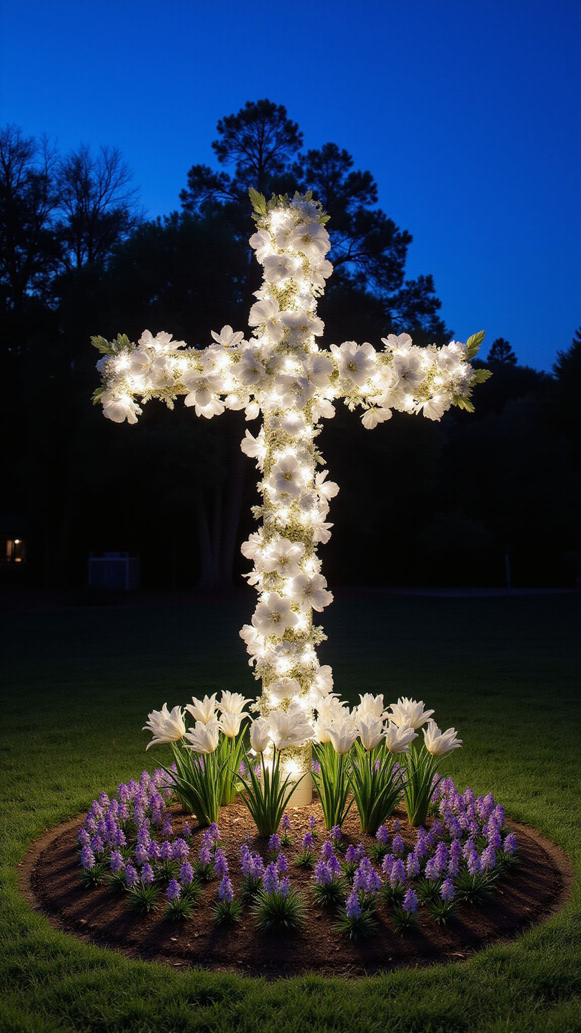 Twilight portrait of illuminated Easter cross with white orchids and eucalyptus, centered in circular garden bed with concentric rings of white lilies and purple hyacinths.