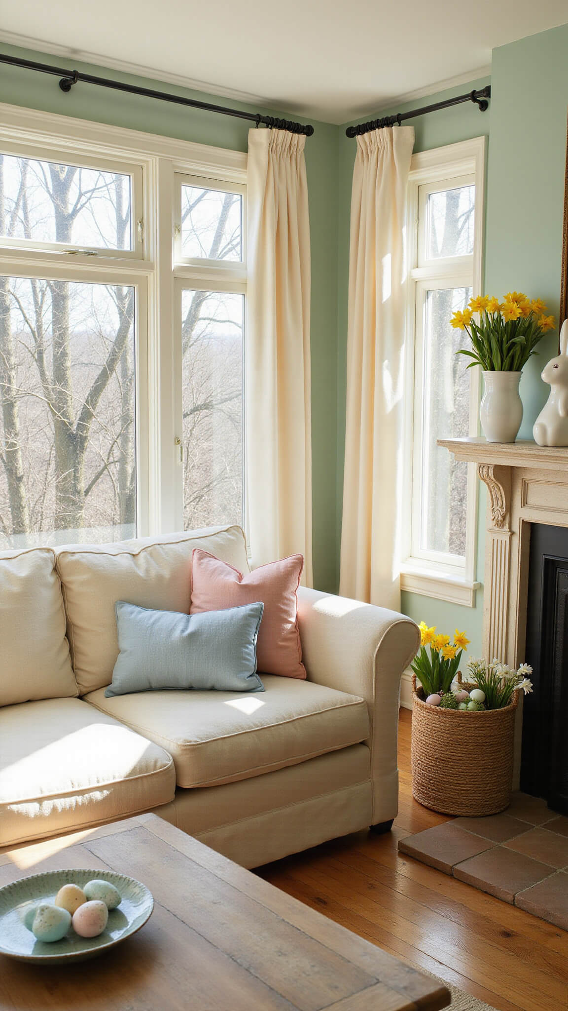 Sunlit living room with cream sofa, pastel pillows, Easter bunny on console, and spring decor in golden hour light.