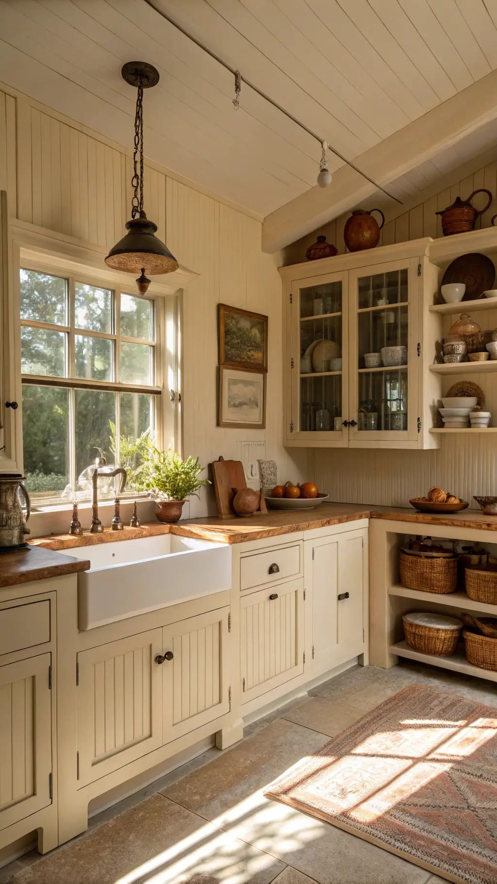 Vintage kitchen with creamy beige restored cabinets, beadboard detailing, butcher block counters, open shelves displaying ironstone pottery and copper molds, lit by afternoon sunlight and vintage pendant lights.