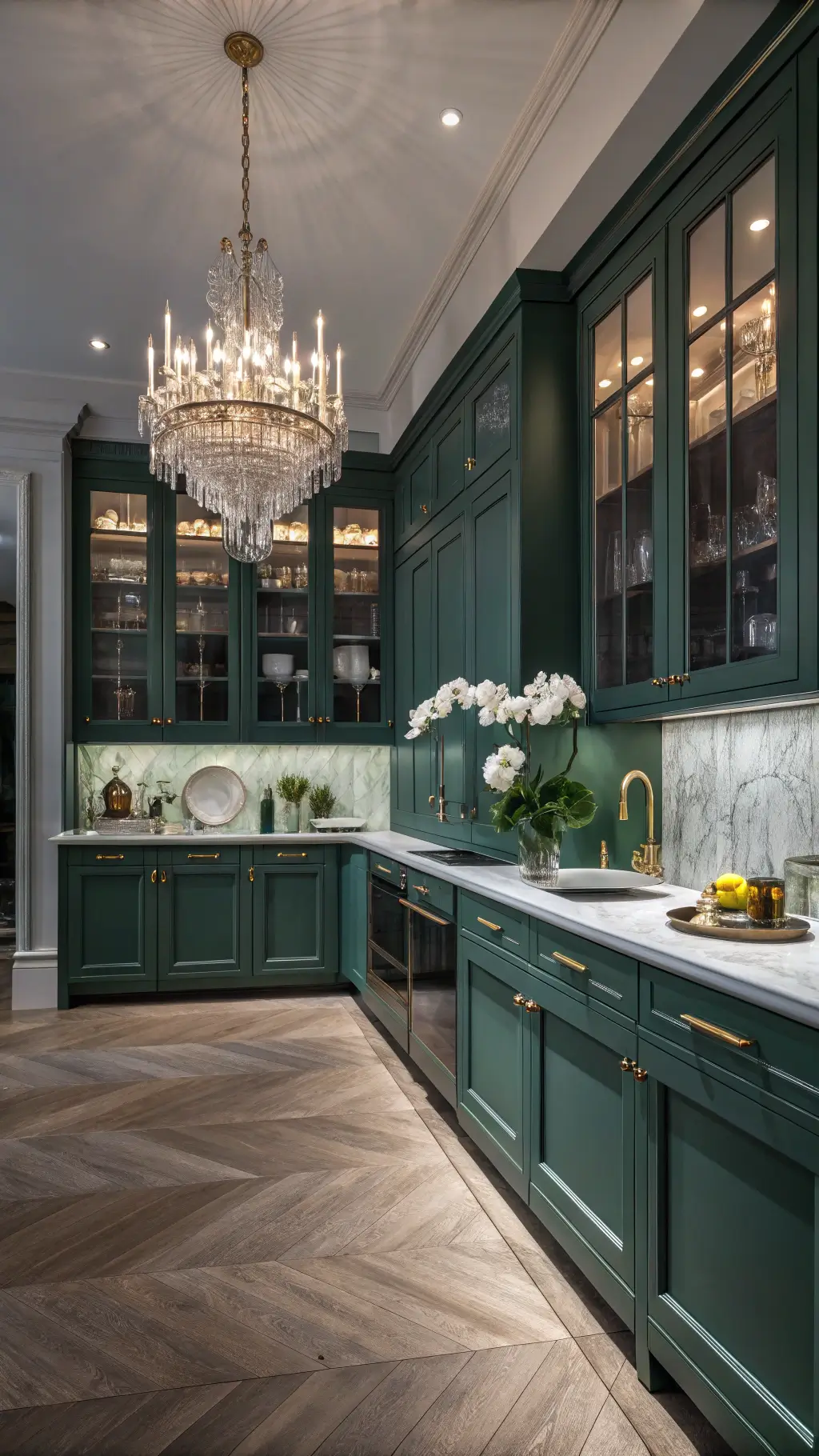 Forest green luxury kitchen with glass-front cabinets, marble countertops, brass accents, and crystal chandelier lighting during blue hour.
