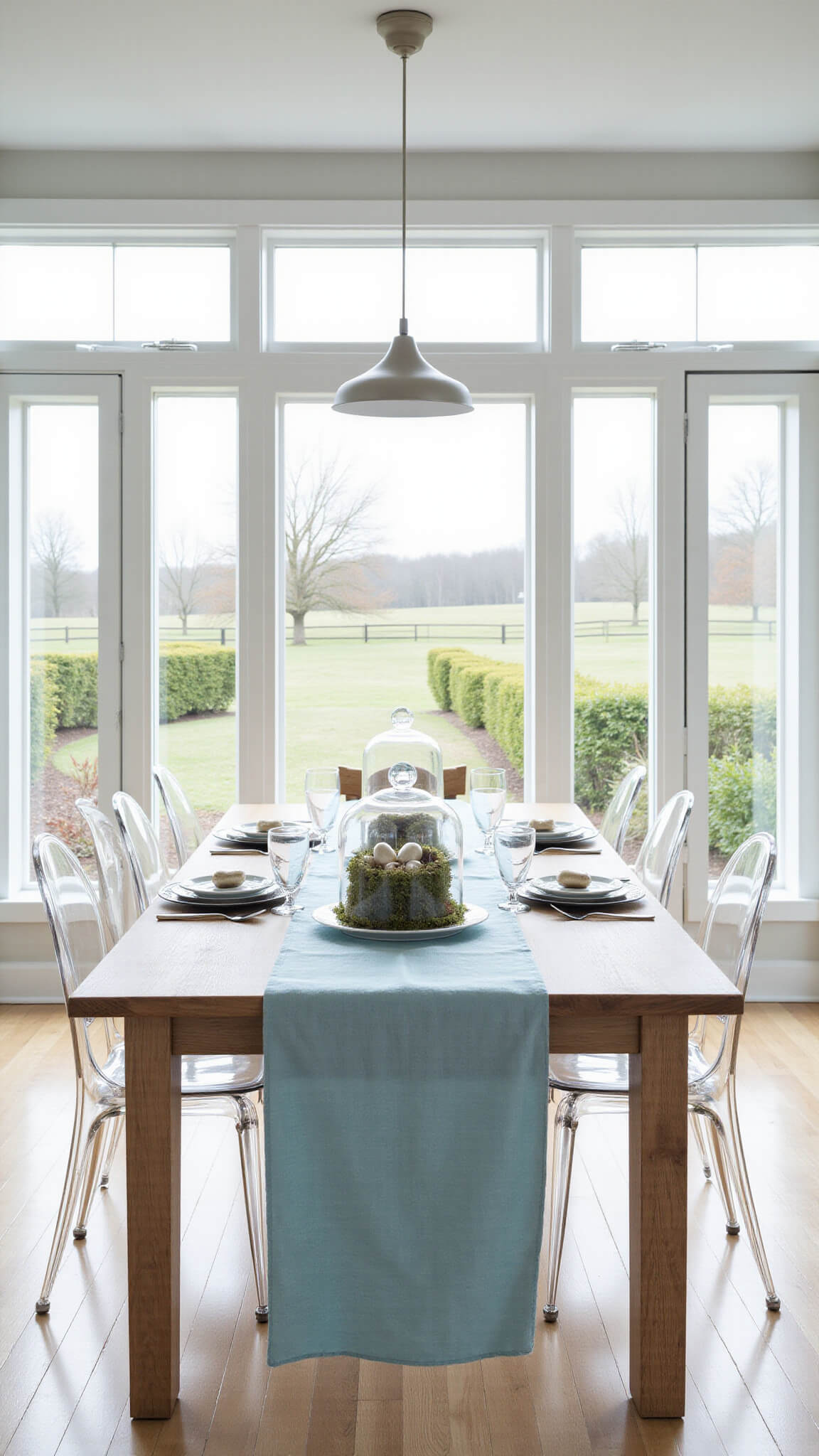 Modern Easter dining room with white oak table, glass cloche centerpiece, ghost chairs, and floor-to-ceiling windows in cool morning light.