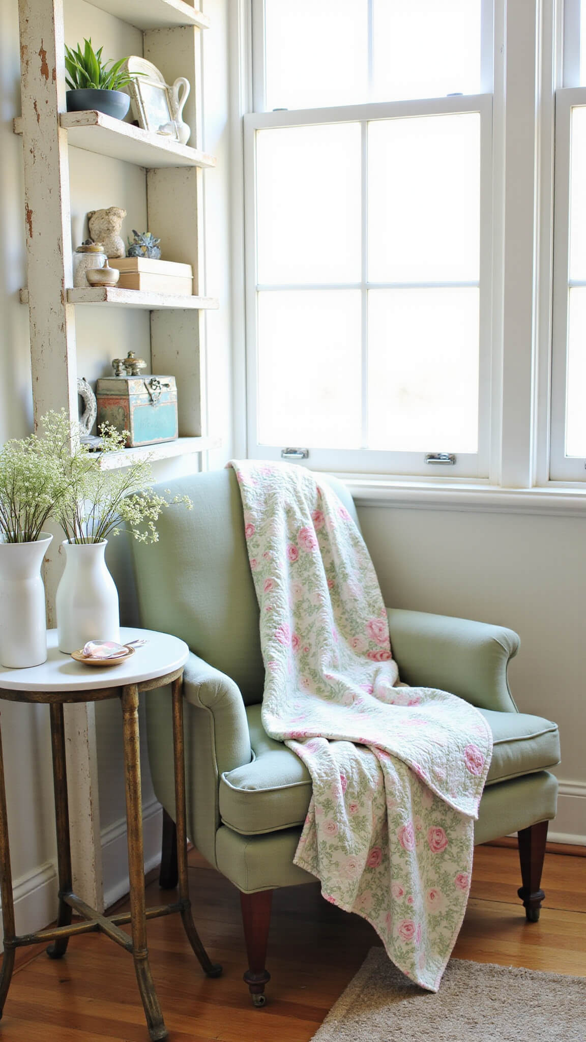 Vintage-inspired Easter reading nook with sage green armchair, floral throw, brass side table, vintage postcards, and Easter decor on ladder shelf.