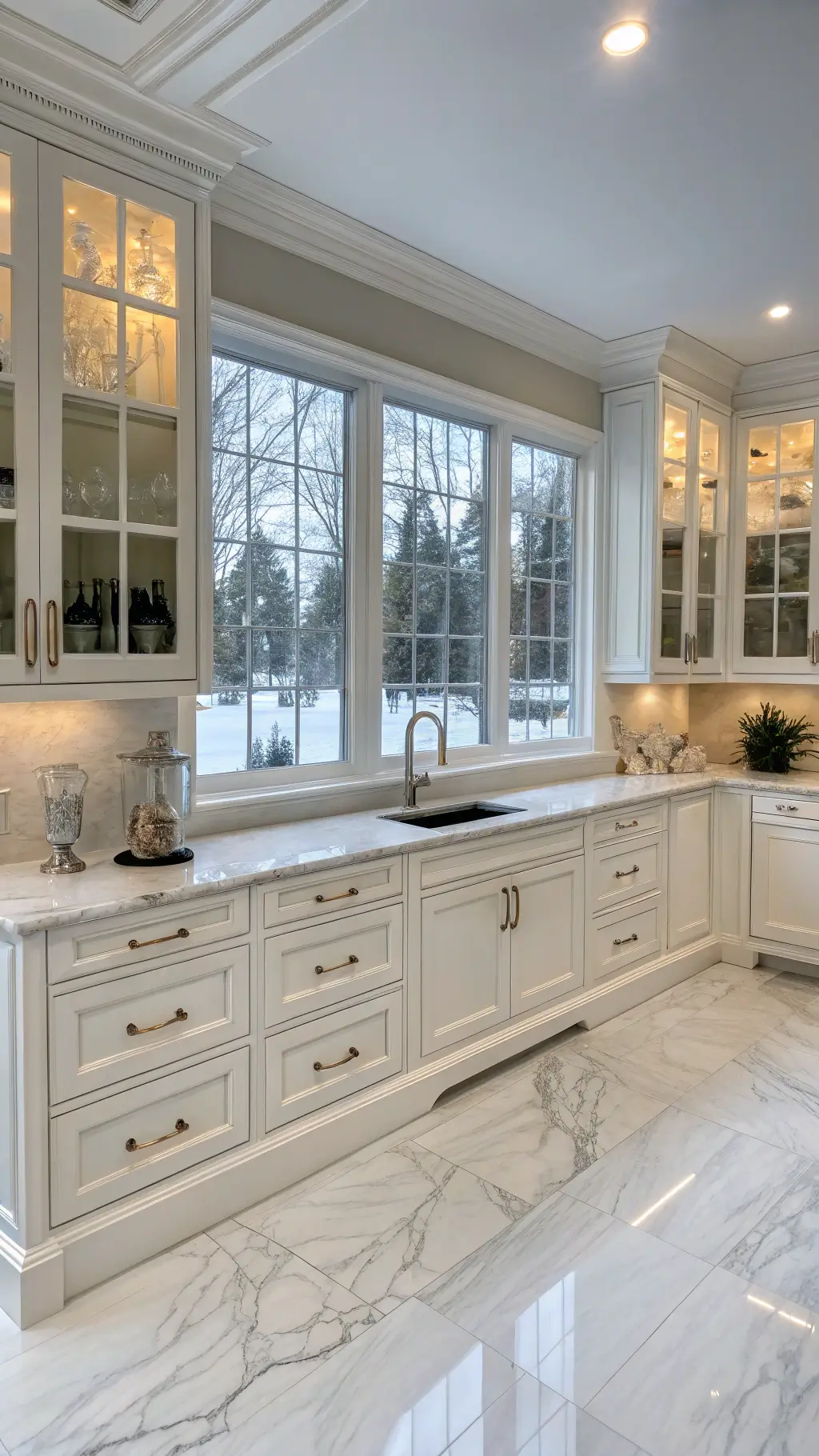 All-white 18x20ft kitchen with varied cabinet styles, crown molding, silver hardware, and marble floors, bathed in cool winter light.