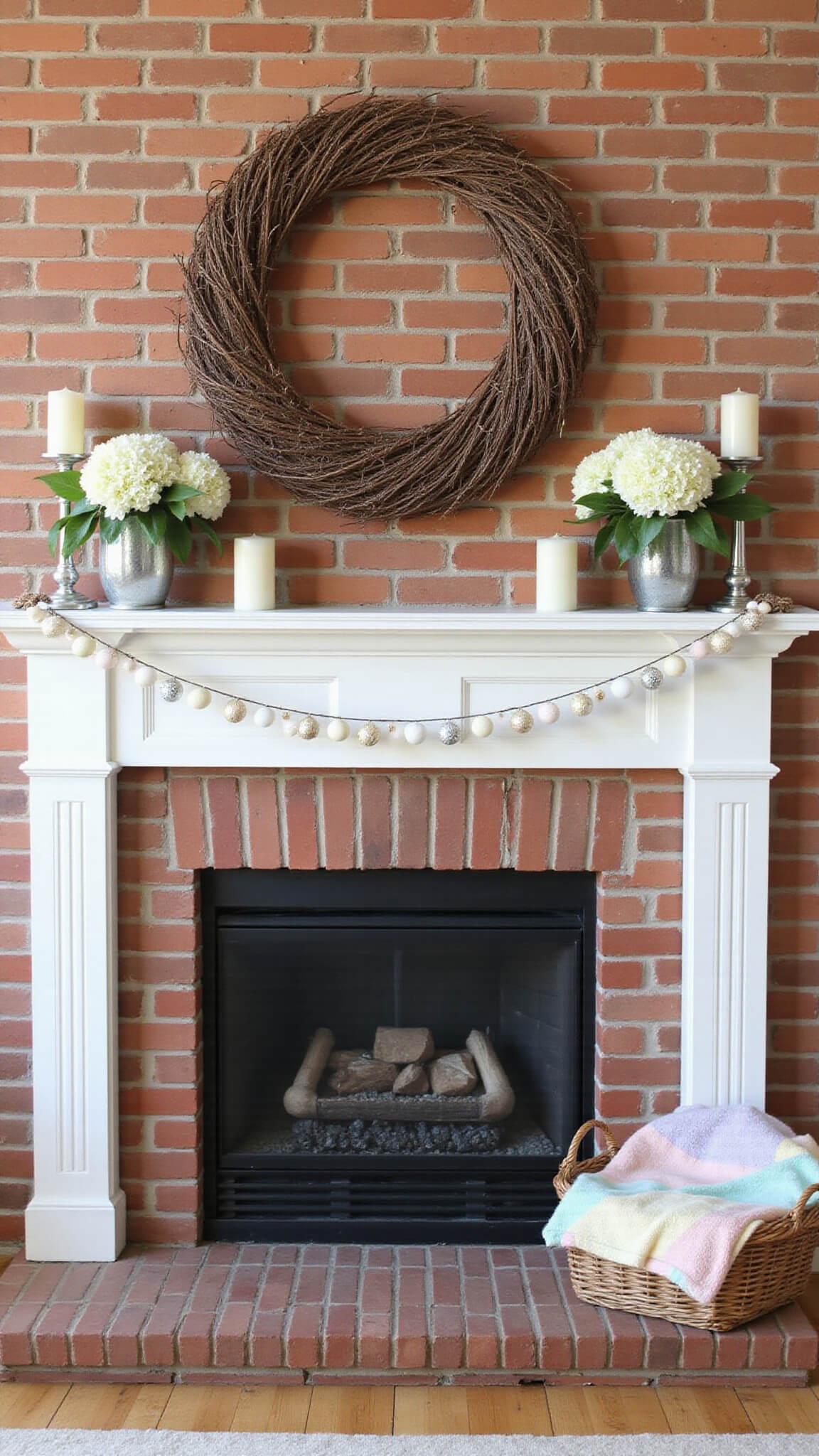 Traditional brick fireplace with white mantel styled for Easter, featuring a central grapevine wreath, flanked by mercury glass candlesticks and white hydrangeas, with an egg garland draped across and a pastel blanket basket nearby.