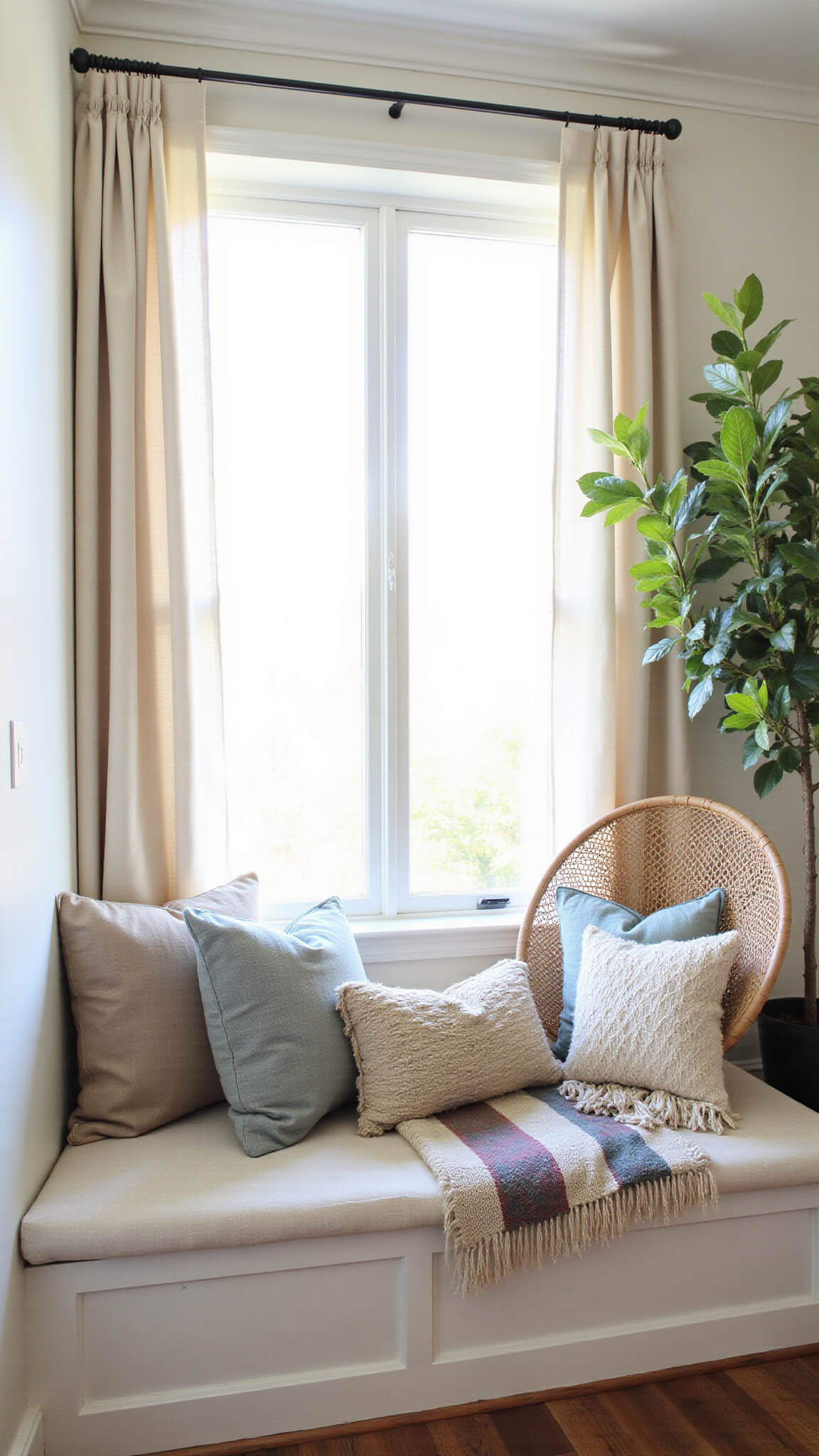 Cozy Bohemian Easter window seat with layered textiles, hanging rattan egg chair, and fiddle leaf fig in soft morning light.