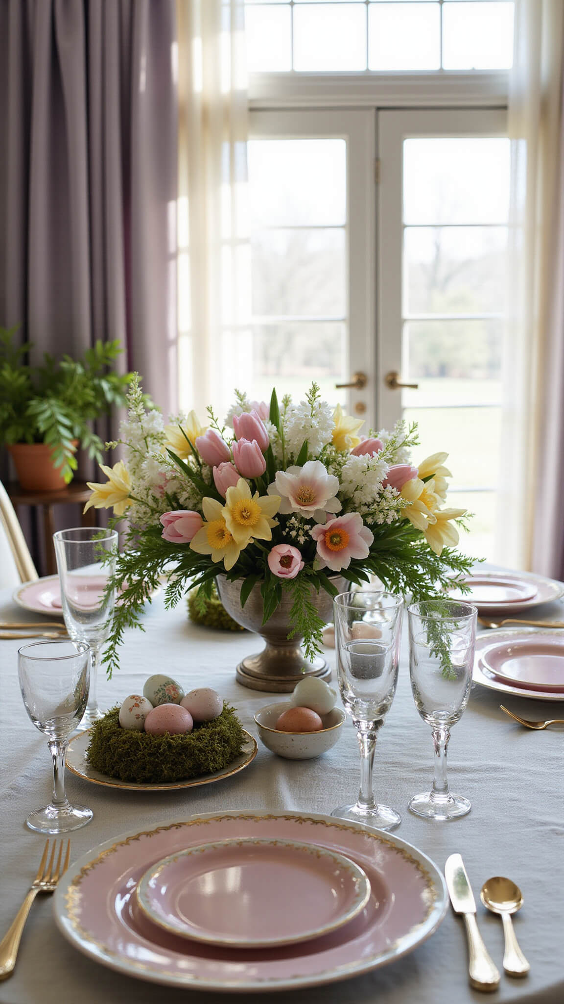 Easter dining room with floral centerpiece, pastel decor, and morning light streaming through lavender curtains.