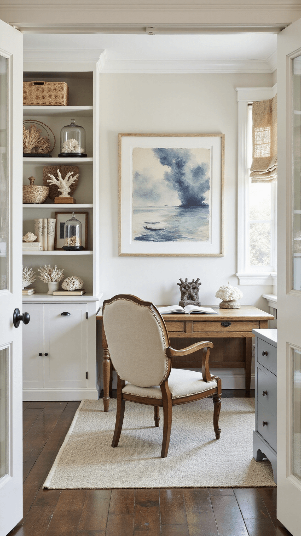 Coastal home office with weathered oak desk, linen chair, white built-in bookshelves with cane backing, coral accents, and nautical décor in diffused mid-morning light.