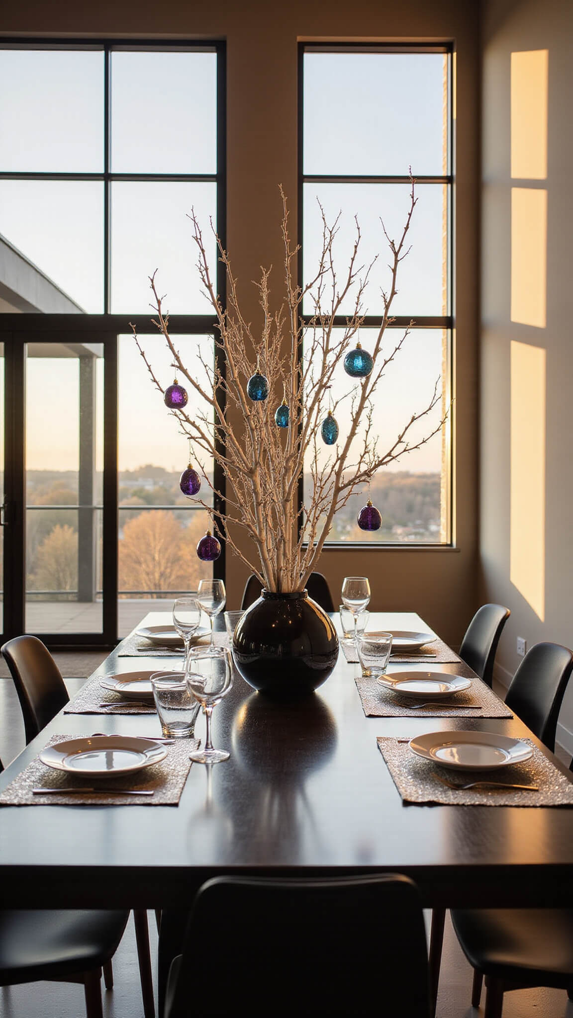 Modern open-concept dining room with golden hour lighting, white-branched centerpiece with hanging glass eggs, and minimalist table setting in high contrast shadows.