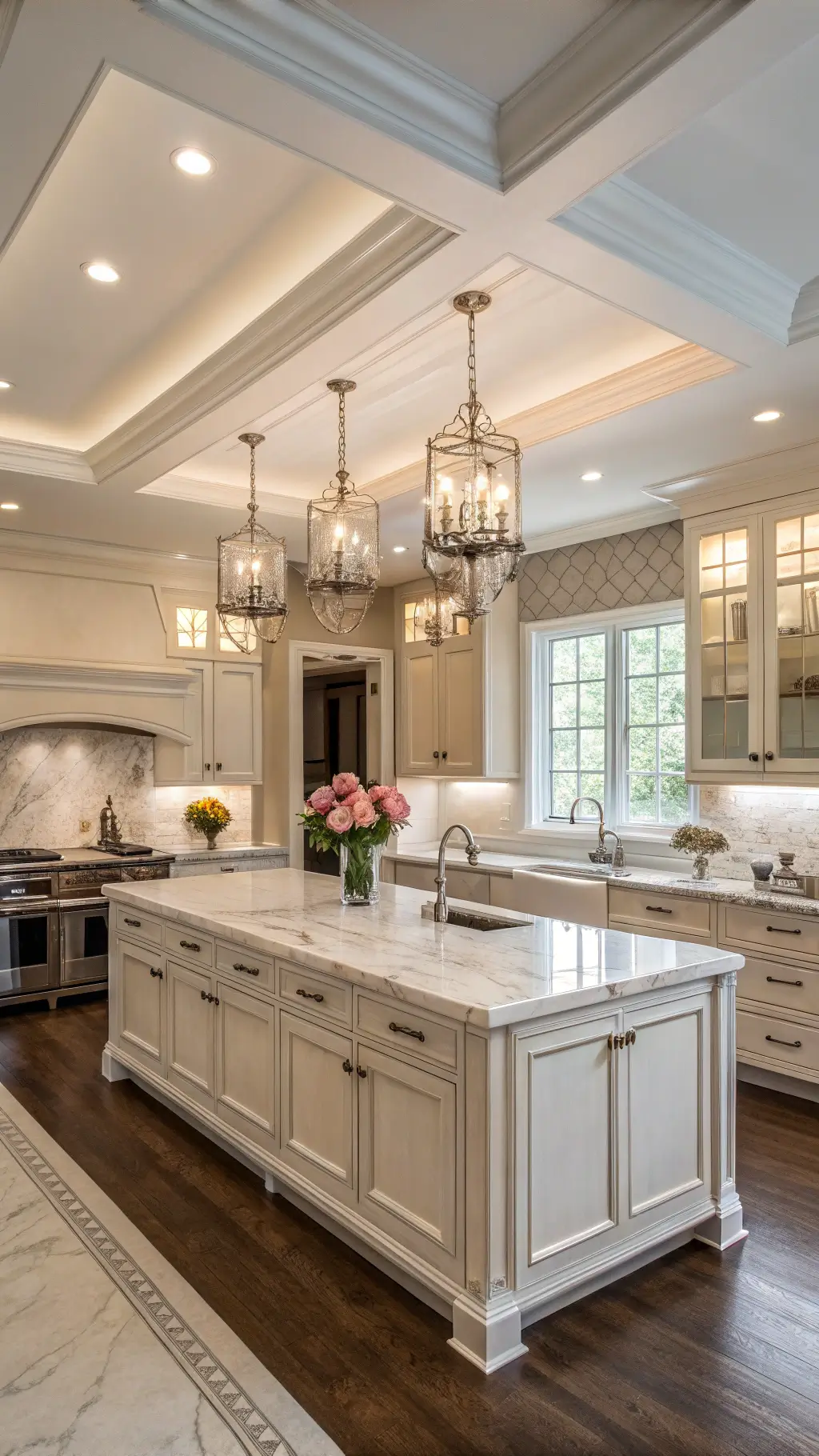 Contemporary classic kitchen with quarter-sawn white oak cabinets, Calacatta marble backsplash, and soft midday lighting.