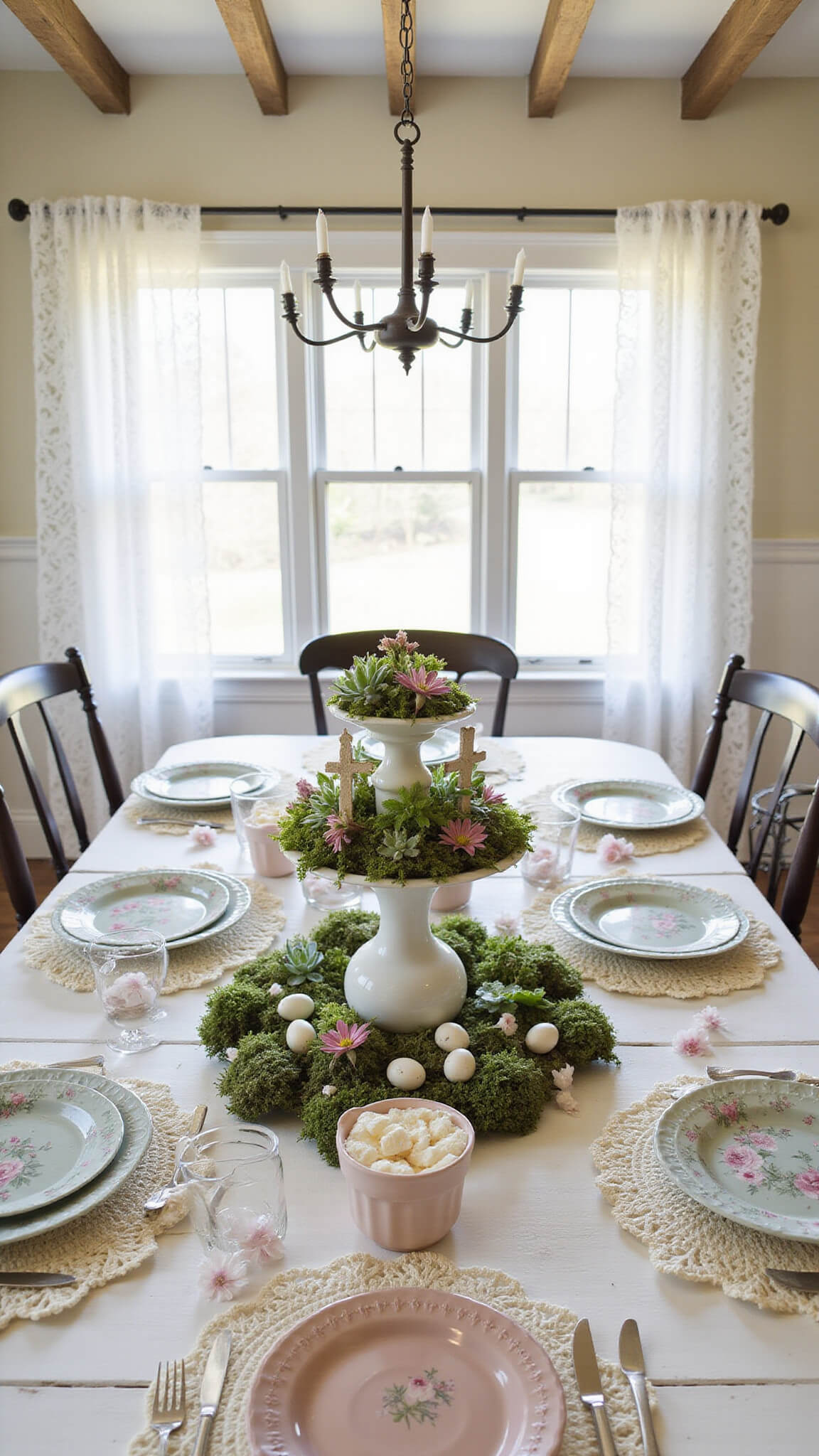 Vintage cottage dining room with exposed beams, lace-curtained window, distressed white table featuring a resurrection garden centerpiece, pink spring florals in milk glass vases, and pastel mismatched china on crocheted doilies.