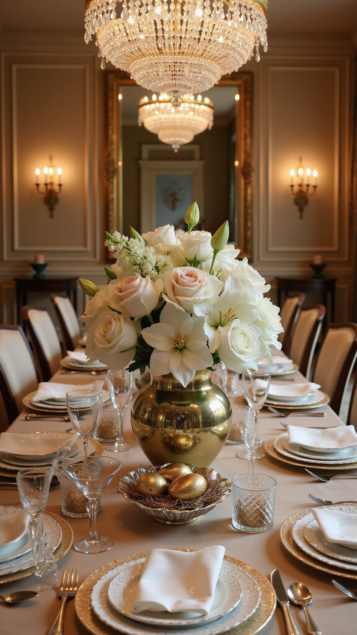 Elegant formal dining room with candlelit ambiance, featuring a champagne silk-covered table adorned with mercury glass vases of white lilies, pale pink roses, and hyacinths, gold-leafed eggs in silver nests, and shimmering bone china place settings.
