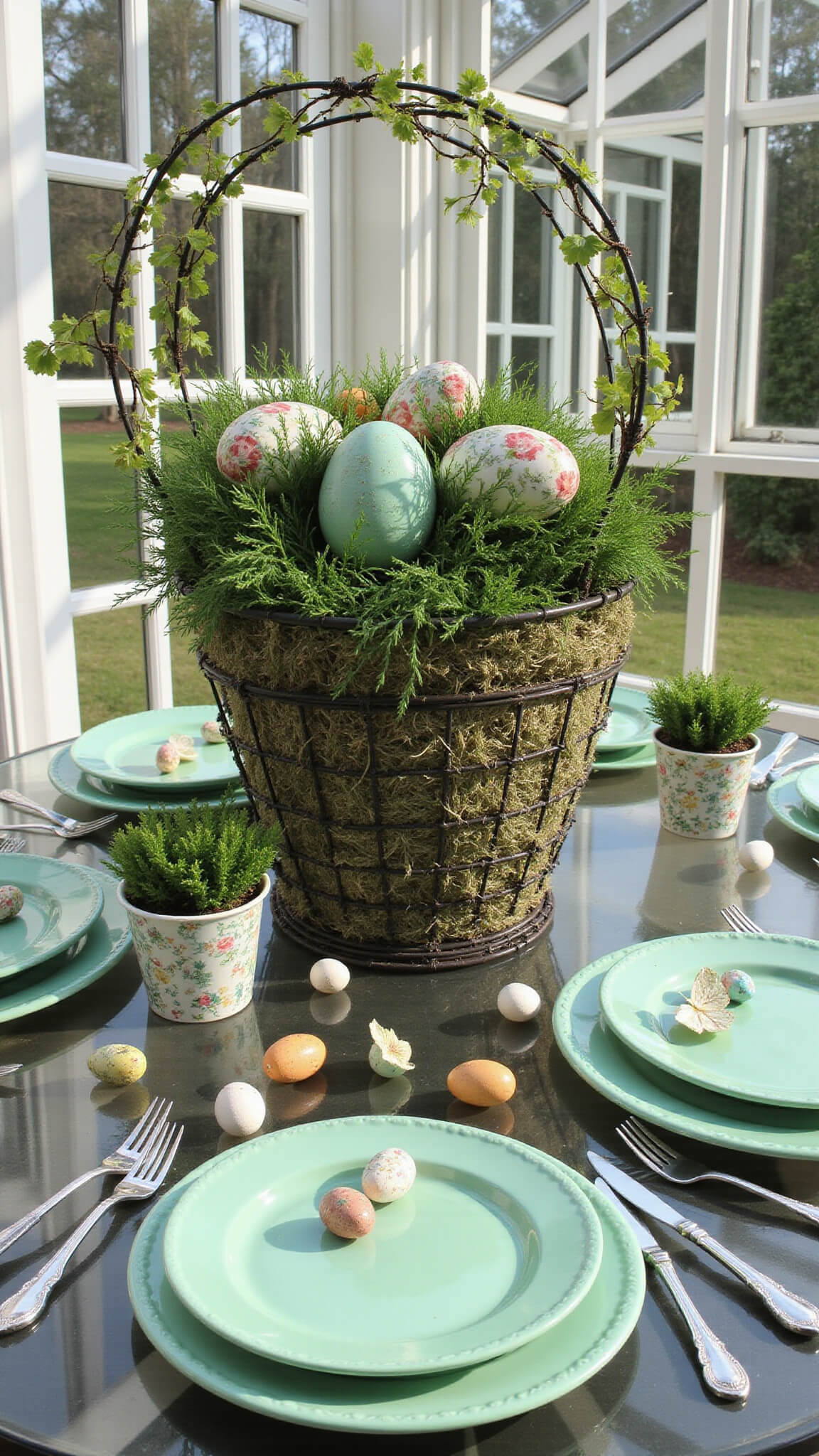 Overhead view of a sunlit garden room with a glass-topped table featuring a whimsical spring centerpiece, mint green and floral plates, egg-shaped place cards, butterfly ornaments, and potted primroses.