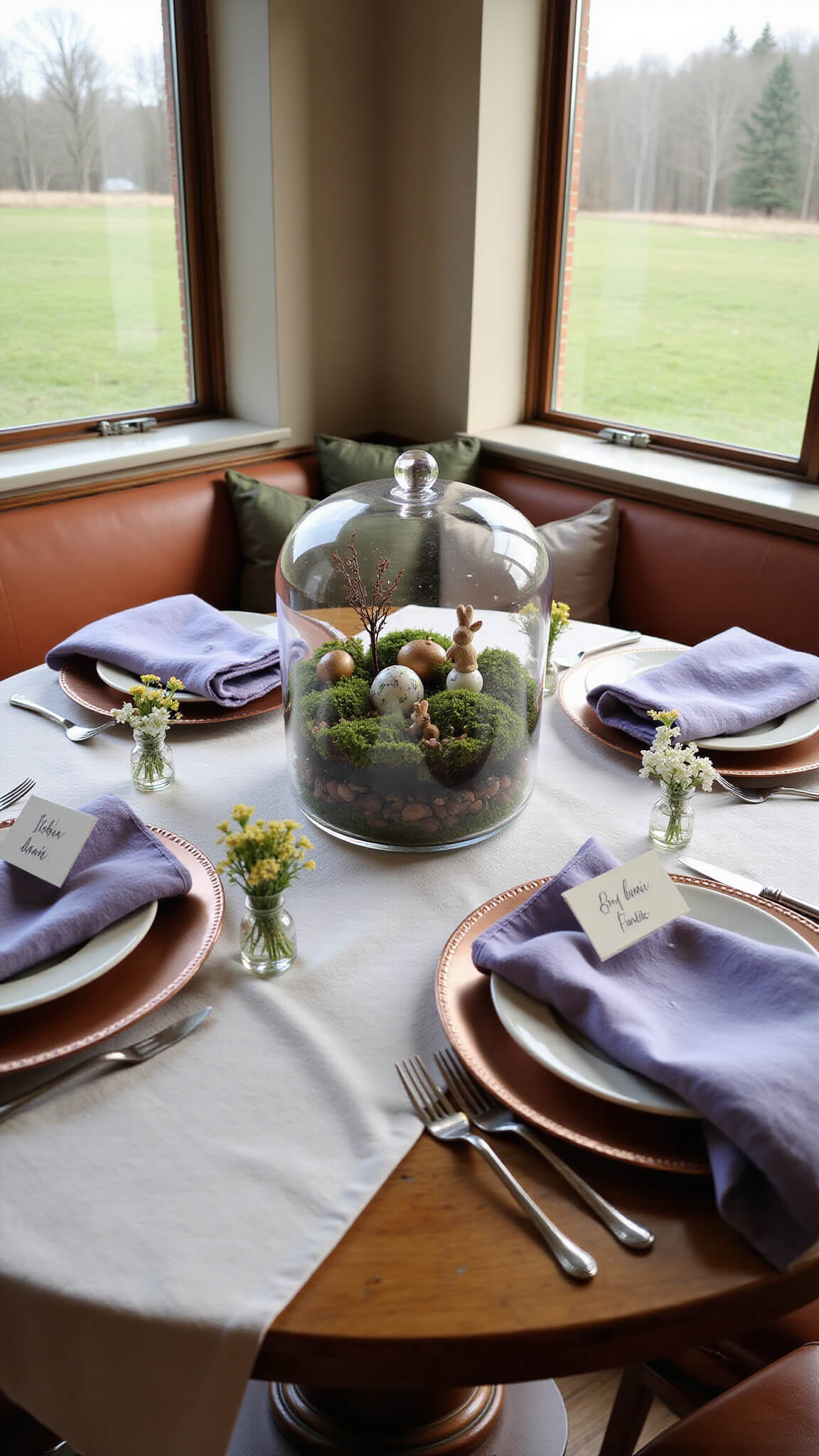 Cozy dining room with round table, Easter terrarium centerpiece, lavender napkins, and built-in window seat in warm evening light.