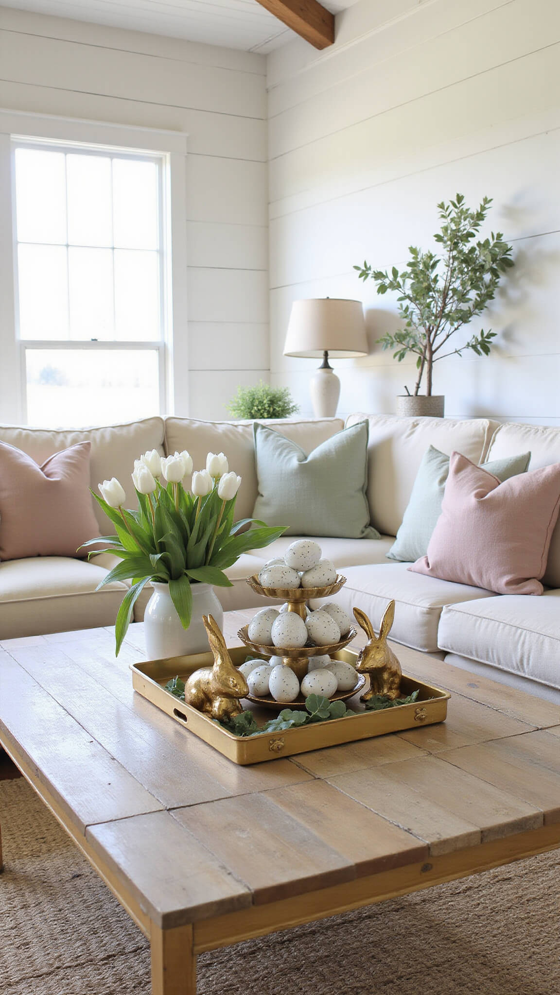 Sunlit modern farmhouse living room with vaulted ceiling, cream sofa, brass coffee table decorated with Easter eggs, tulips, and gold bunny figurines, floor-to-ceiling windows, and natural accents.