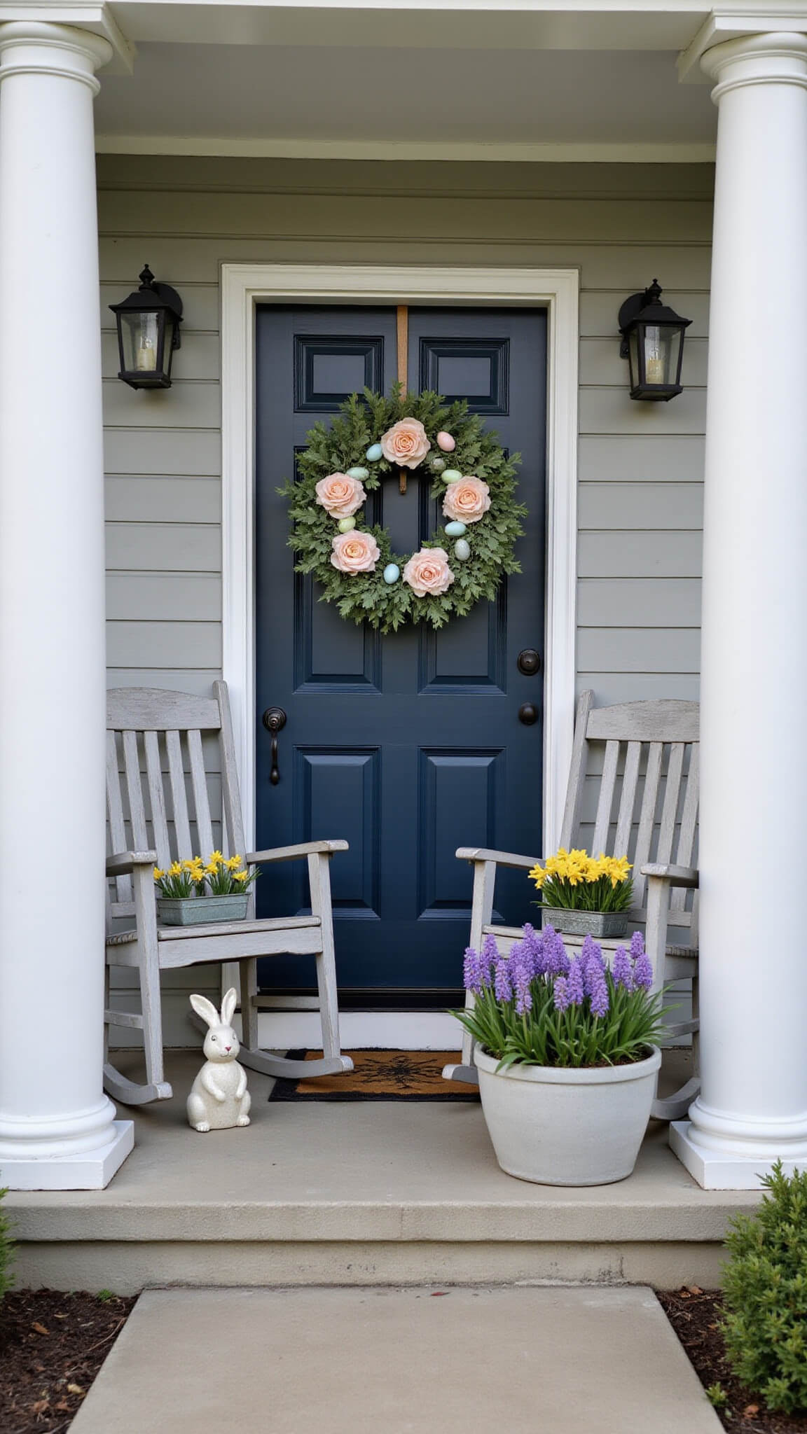 Wraparound porch with white columns and navy door adorned with spring wreath; rocking chairs, blooming planters, and bunny sculptures in soft morning fog.